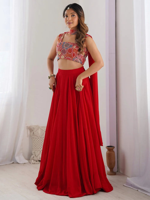 Alluring Red Georgette Party Wear Lehenga Choli With Dupatta