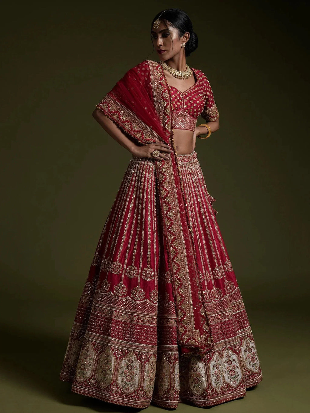 Alluring Red Sequins Work Silk Wedding Wear Lehenga Choli With Dupatta