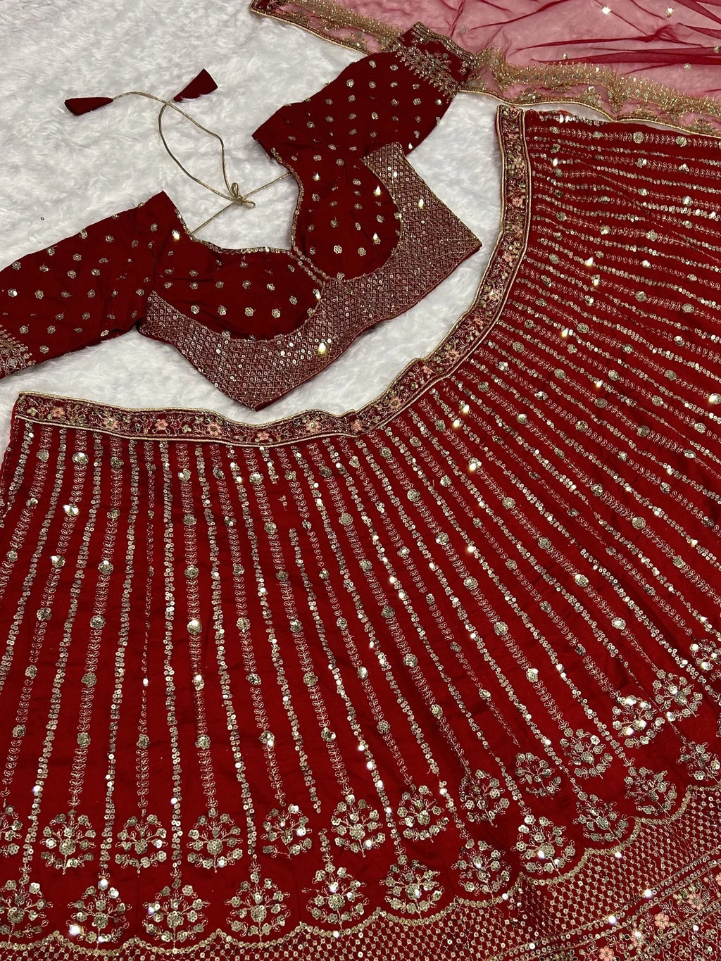 Alluring Red Sequins Work Silk Wedding Wear Lehenga Choli With Dupatta