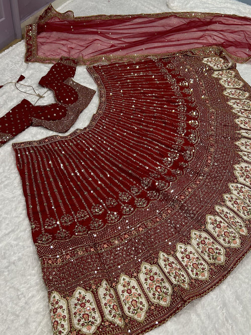 Alluring Red Sequins Work Silk Wedding Wear Lehenga Choli With Dupatta