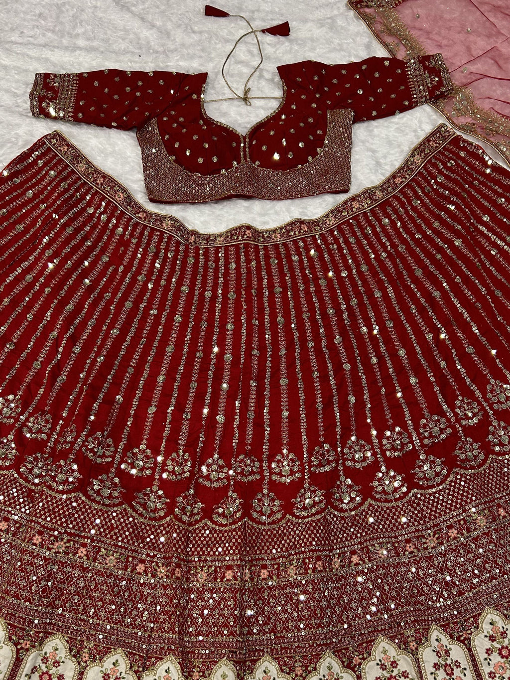Alluring Red Sequins Work Silk Wedding Wear Lehenga Choli With Dupatta