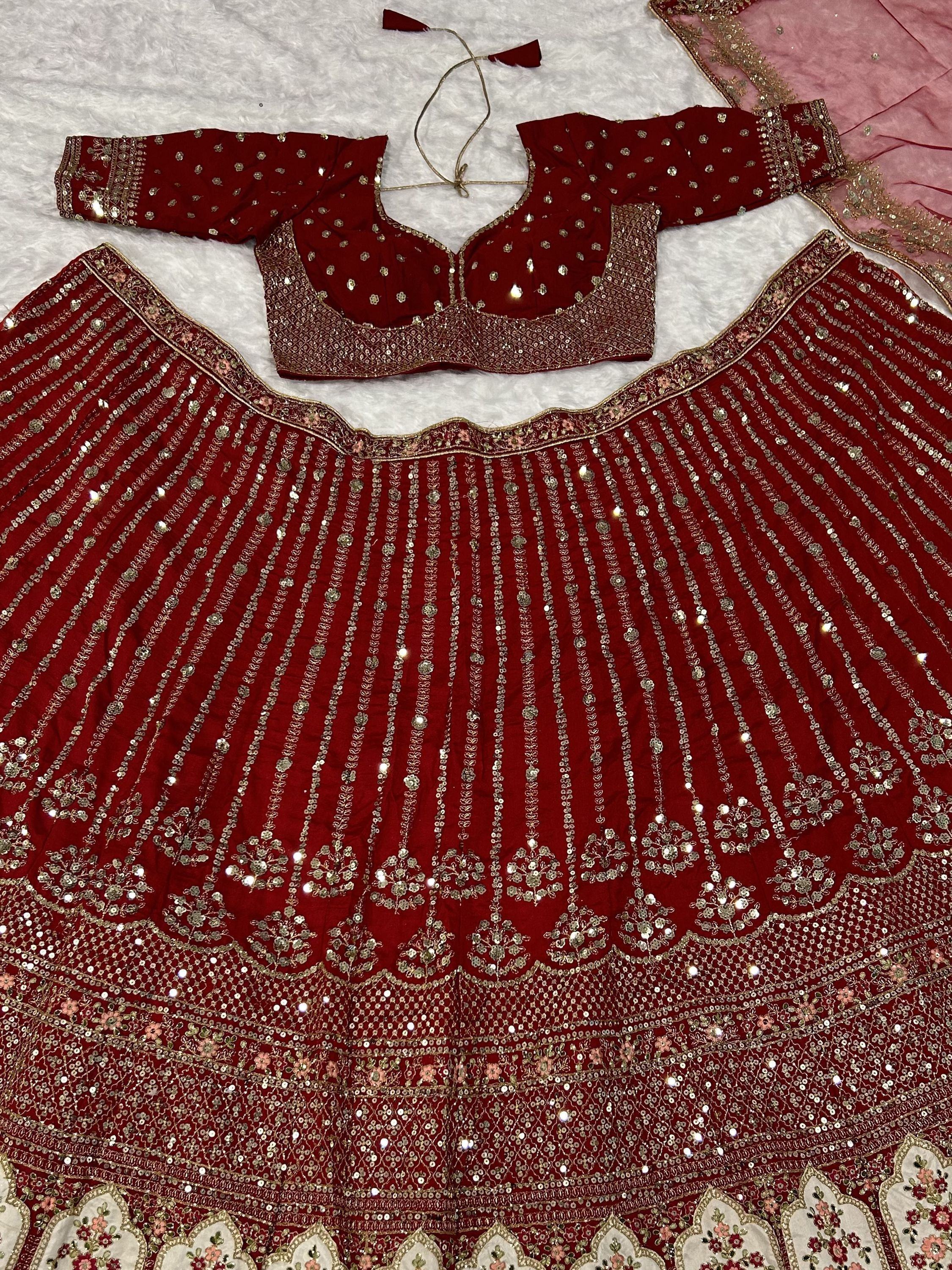 Alluring Red Sequins Work Silk Wedding Wear Lehenga Choli With Dupatta