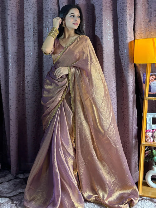 Alluring Rose Gold Beads Work Silk Traditional Saree With Blouse