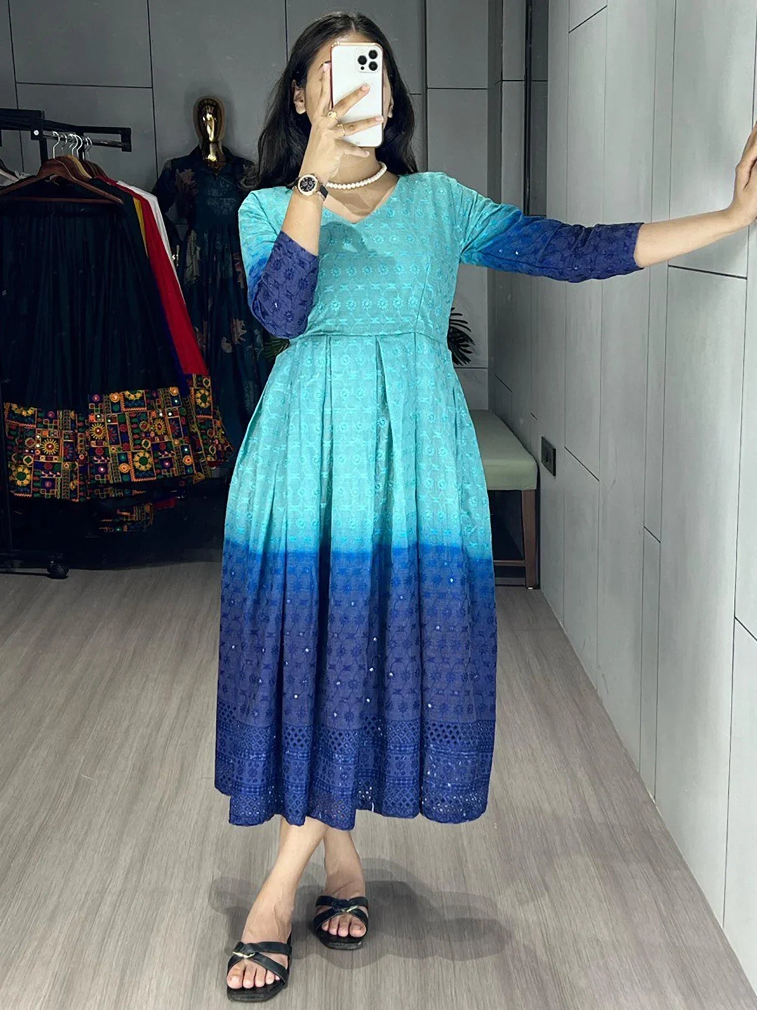 Sky Blue Adorning Shaded Cotton Casual Wear Chikankari Gown