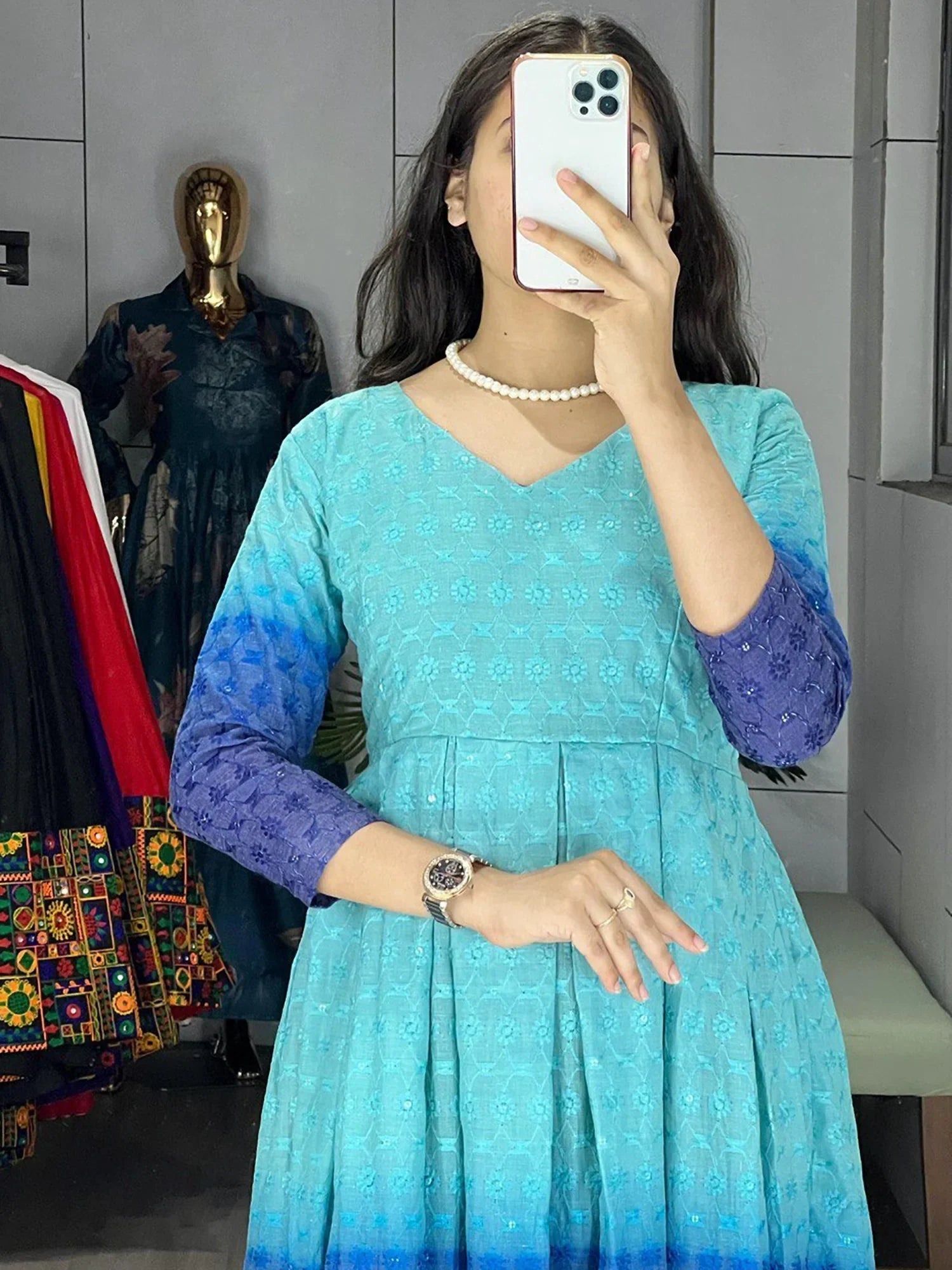 Sky Blue Adorning Shaded Cotton Casual Wear Chikankari Gown