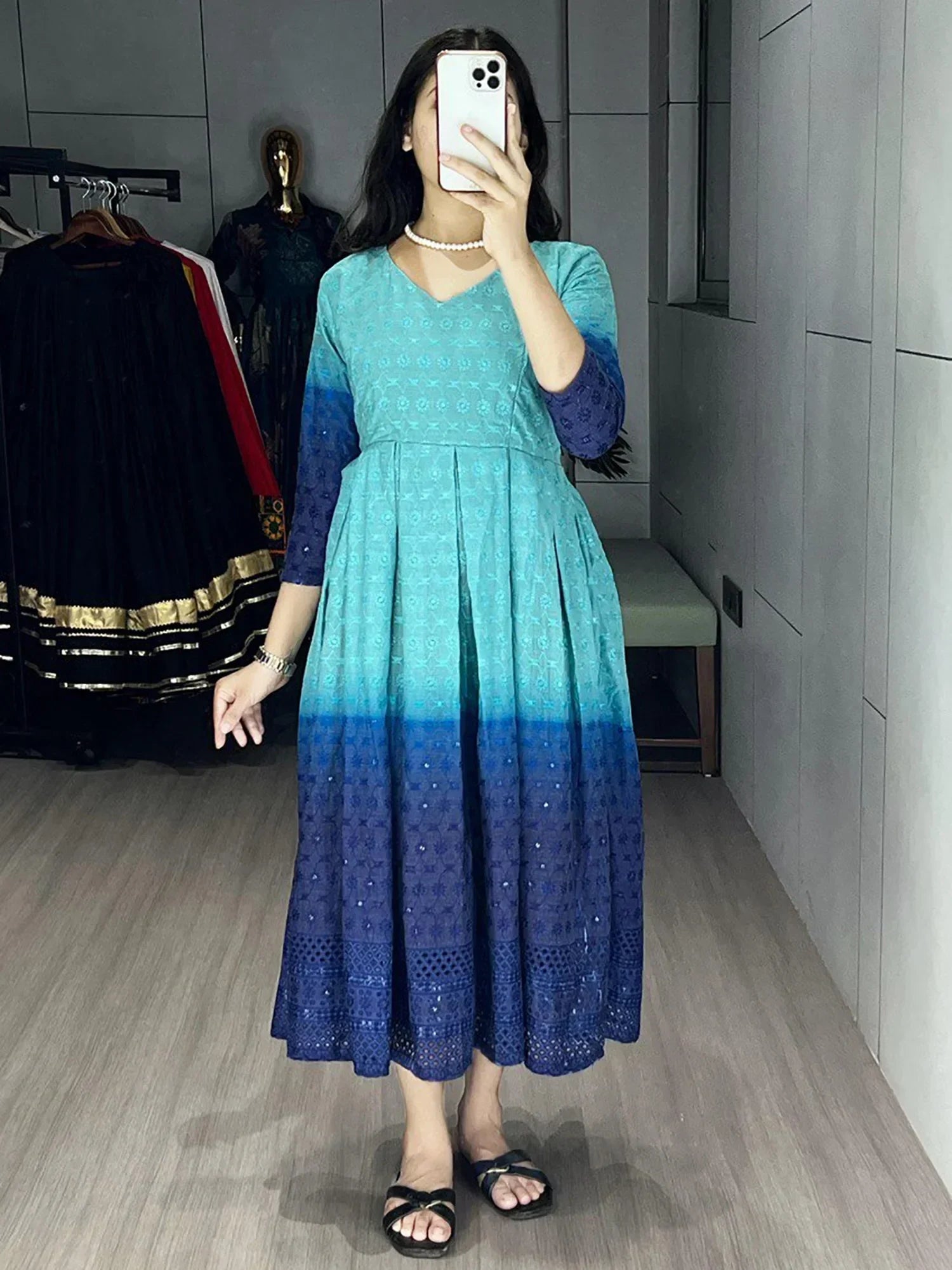 Sky Blue Adorning Shaded Cotton Casual Wear Chikankari Gown