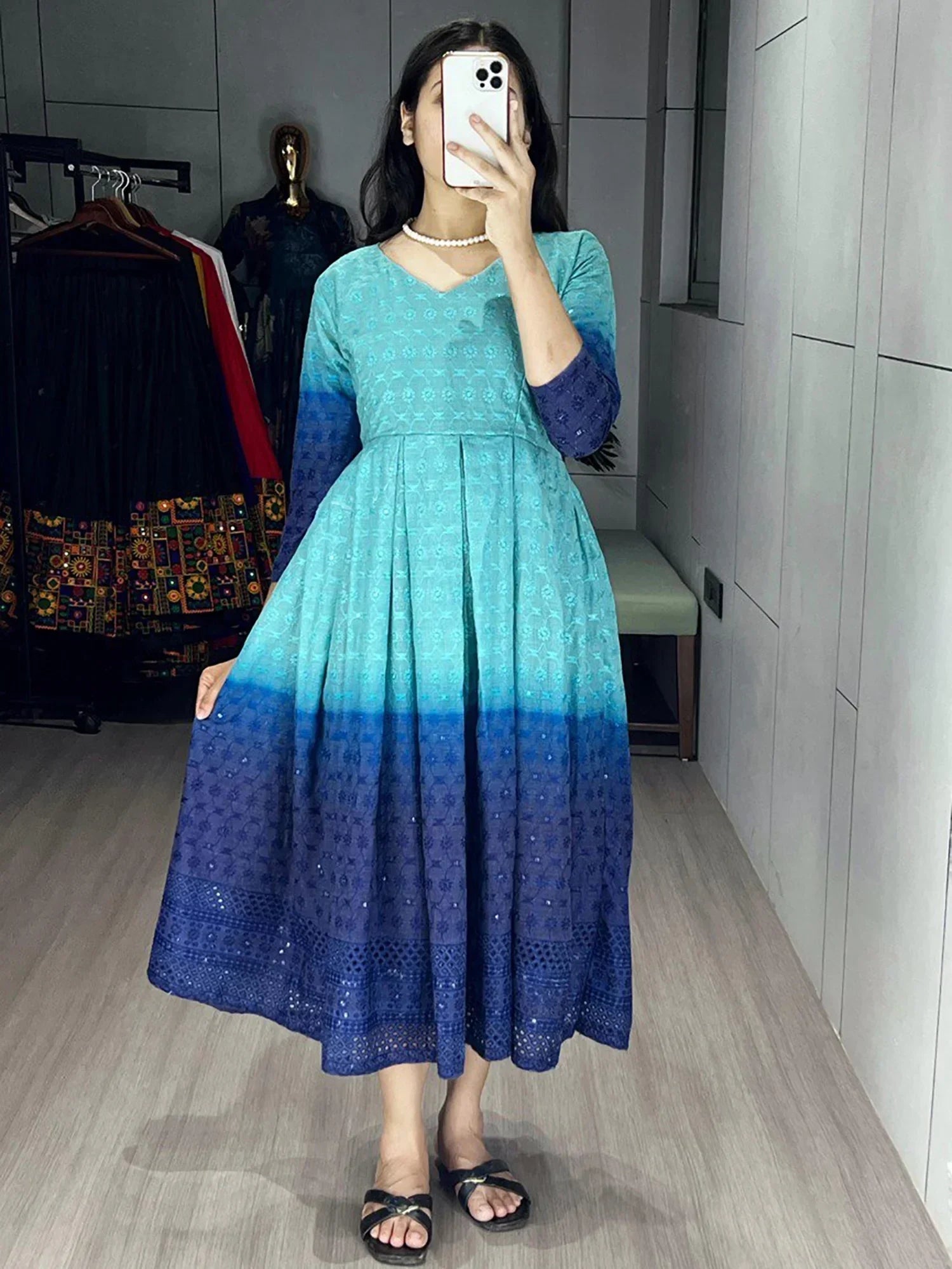 Sky Blue Adorning Shaded Cotton Casual Wear Chikankari Gown