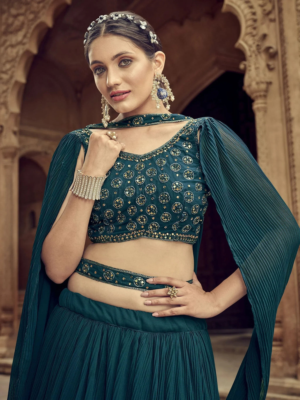 Alluring Teal Blue Hand Work Georgette Event Wear Lehenga Choli