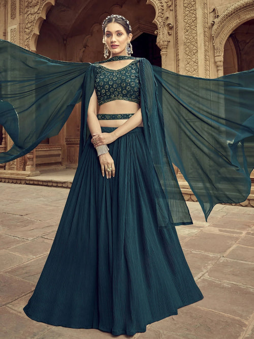 Alluring Teal Blue Hand Work Georgette Event Wear Lehenga Choli