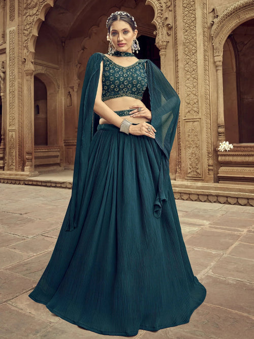 Alluring Teal Blue Hand Work Georgette Event Wear Lehenga Choli