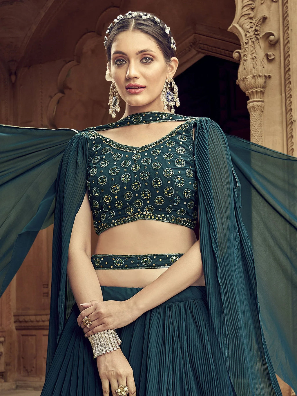 Alluring Teal Blue Hand Work Georgette Event Wear Lehenga Choli