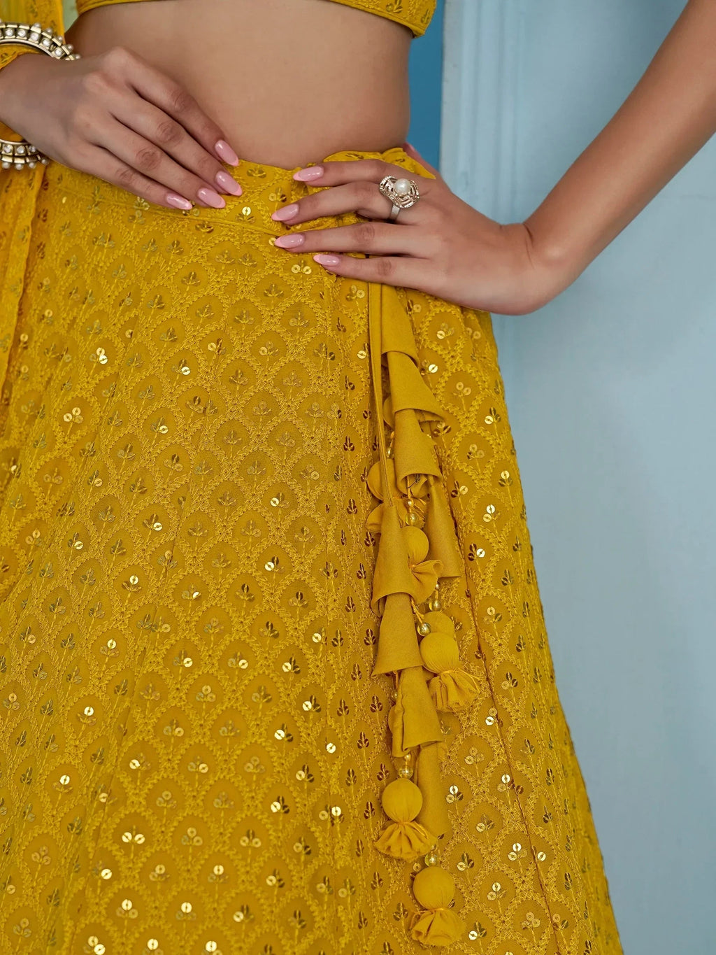 Yellow Sweet Sequins Georgette Reception Wear Lehenga Choli