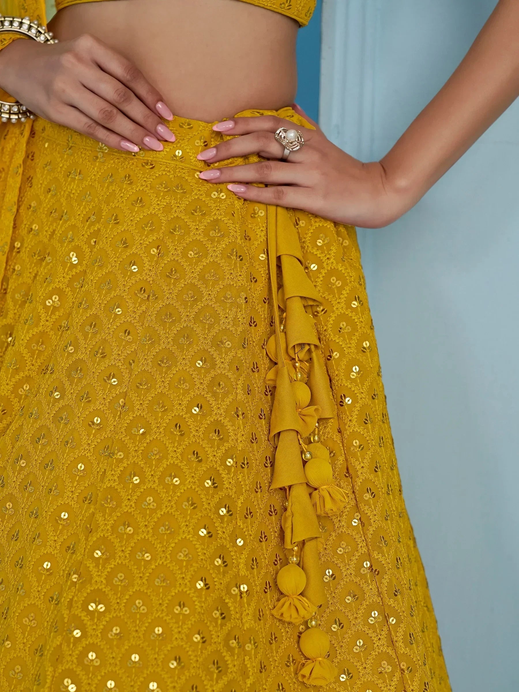 Yellow Sweet Sequins Georgette Reception Wear Lehenga Choli