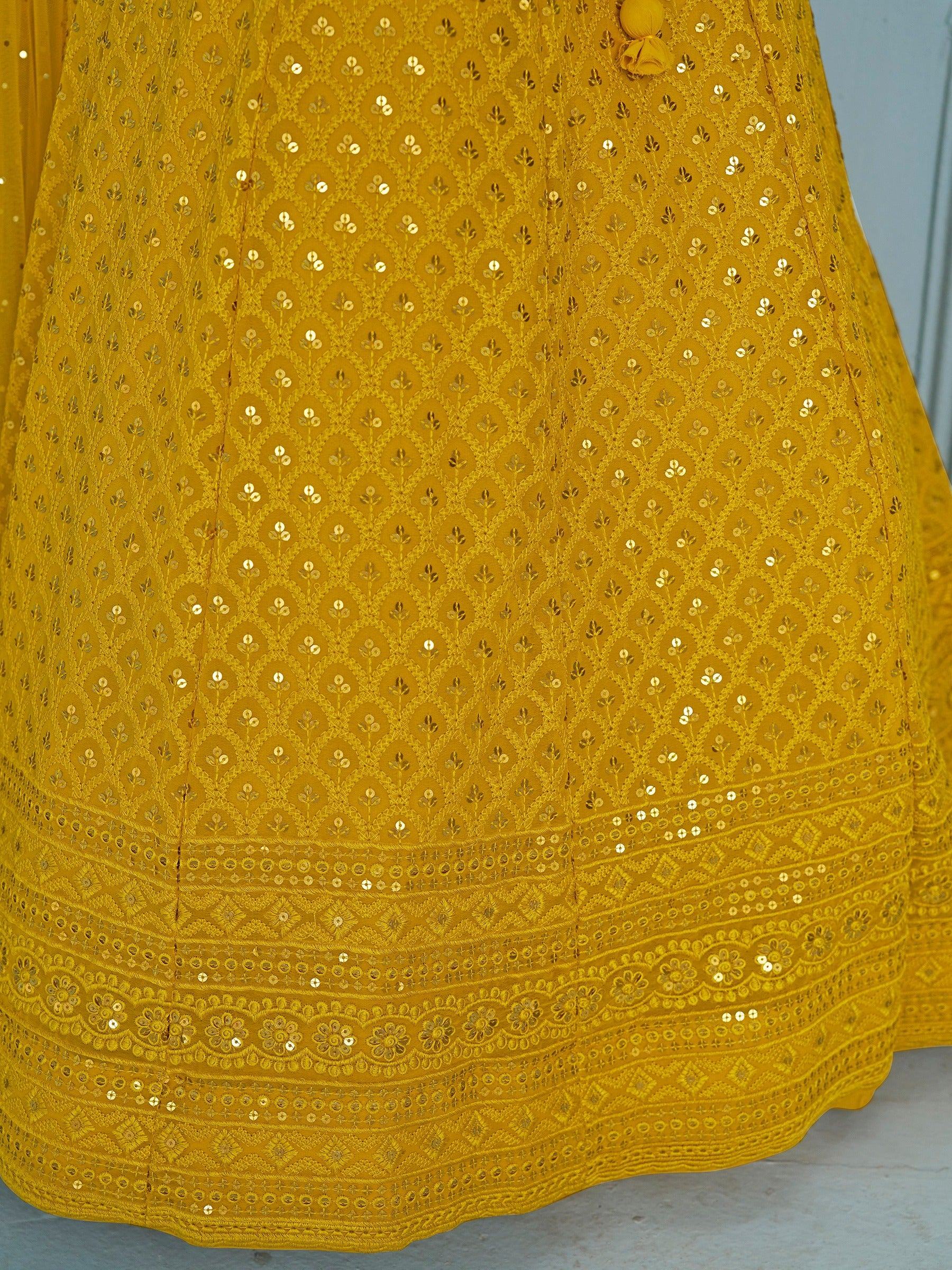 Yellow Sweet Sequins Georgette Reception Wear Lehenga Choli