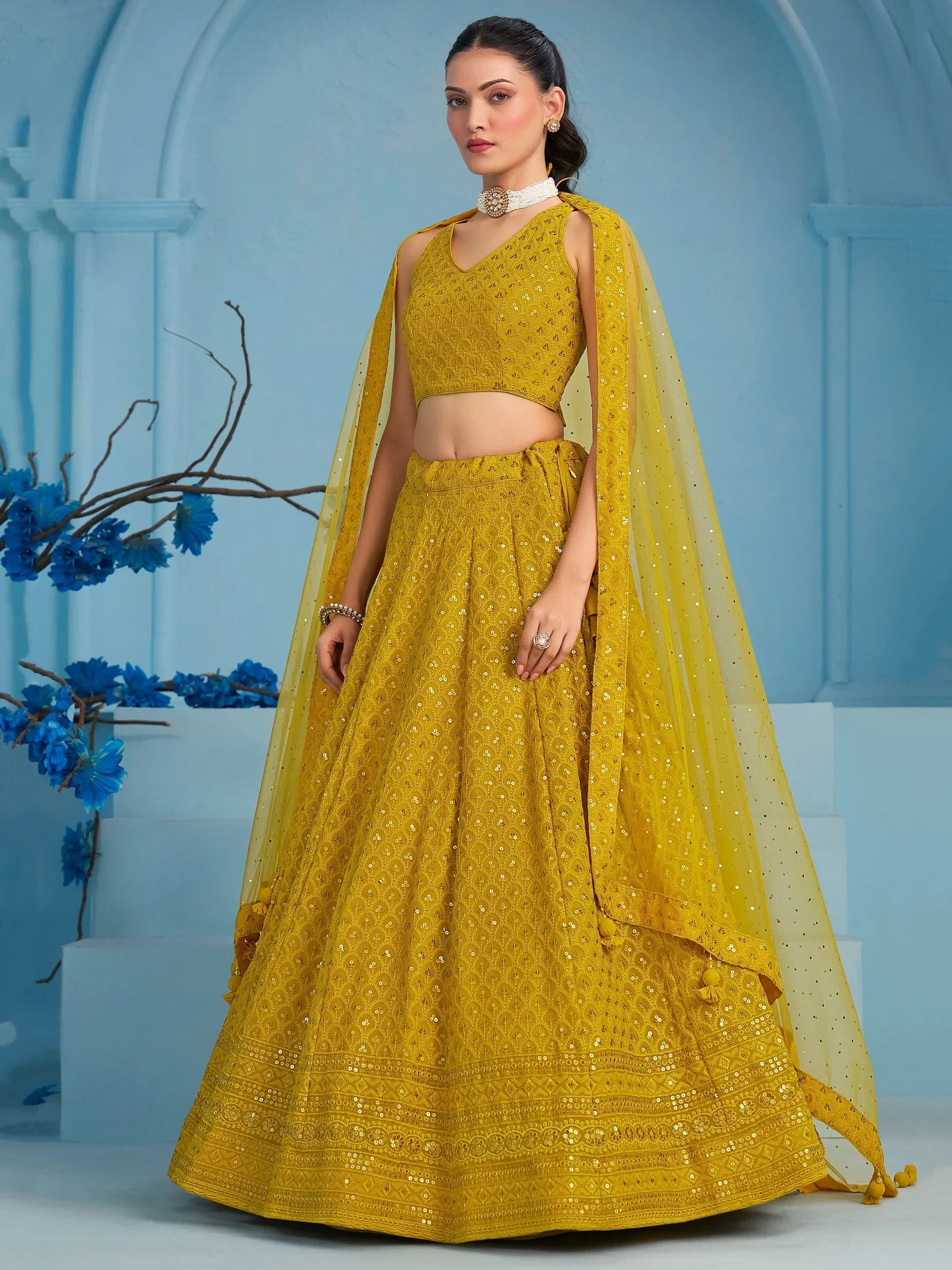 Yellow Sweet Sequins Georgette Reception Wear Lehenga Choli