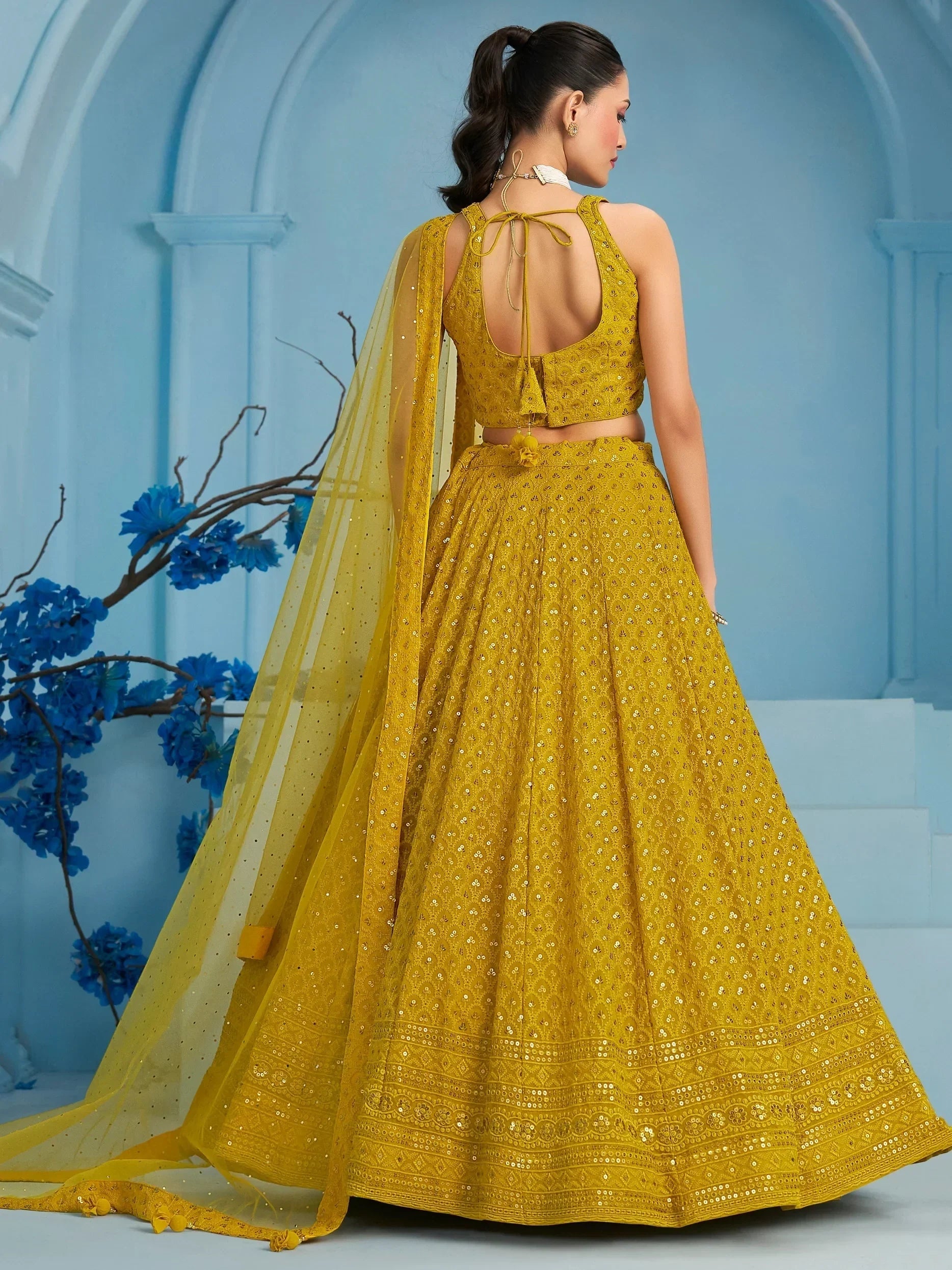 Yellow Sweet Sequins Georgette Reception Wear Lehenga Choli