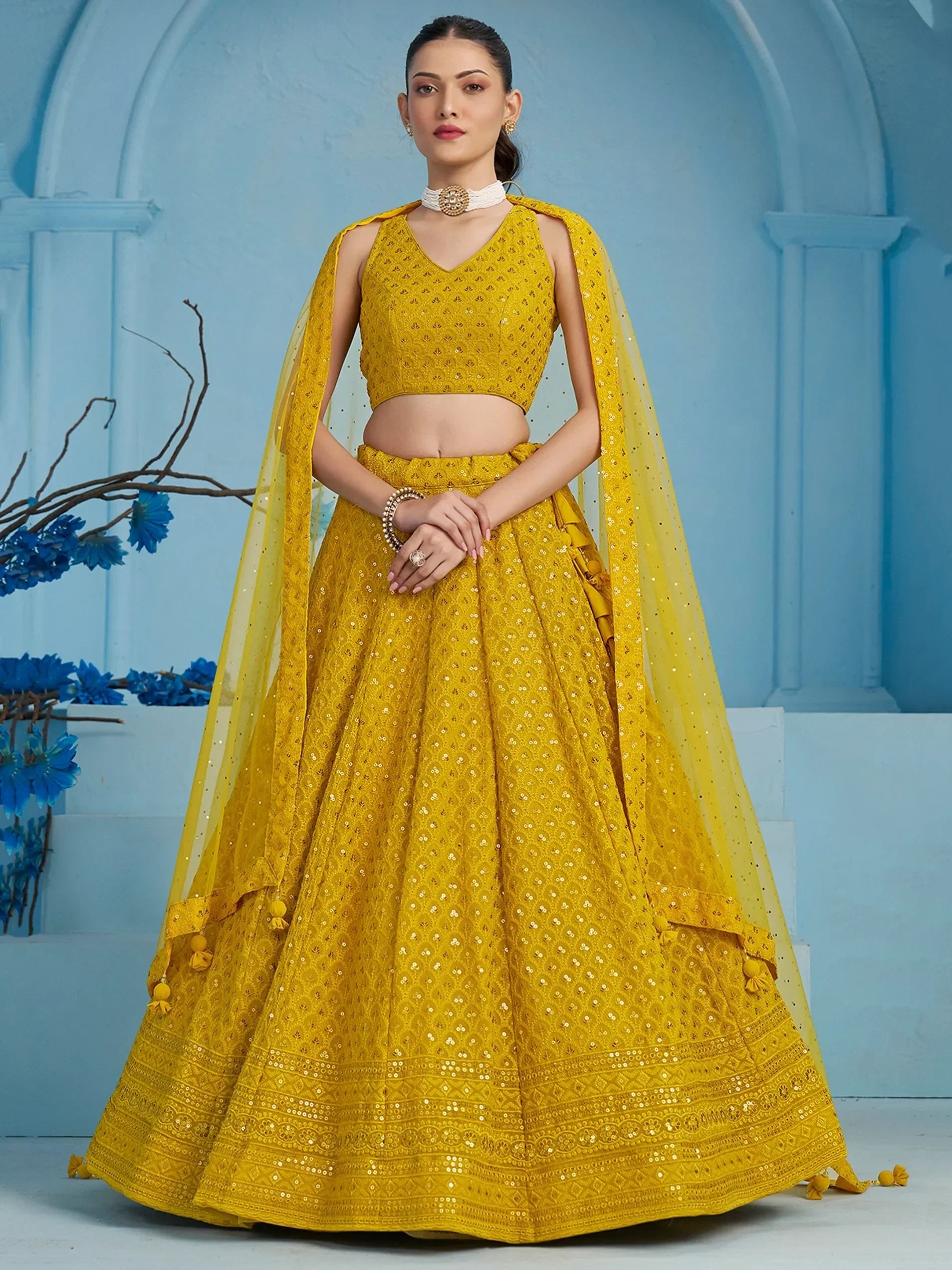 Yellow Sweet Sequins Georgette Reception Wear Lehenga Choli