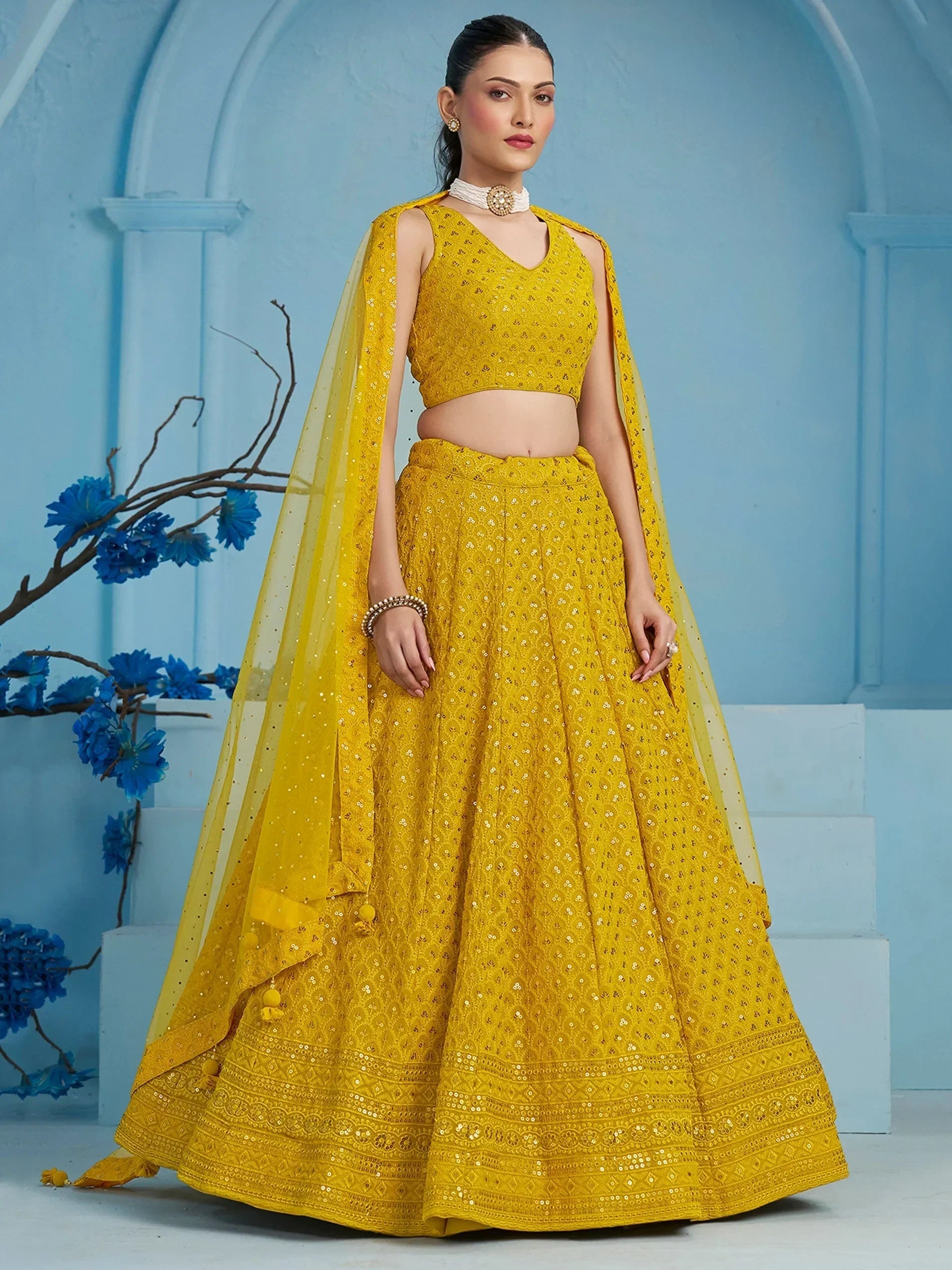 Yellow Sweet Sequins Georgette Reception Wear Lehenga Choli