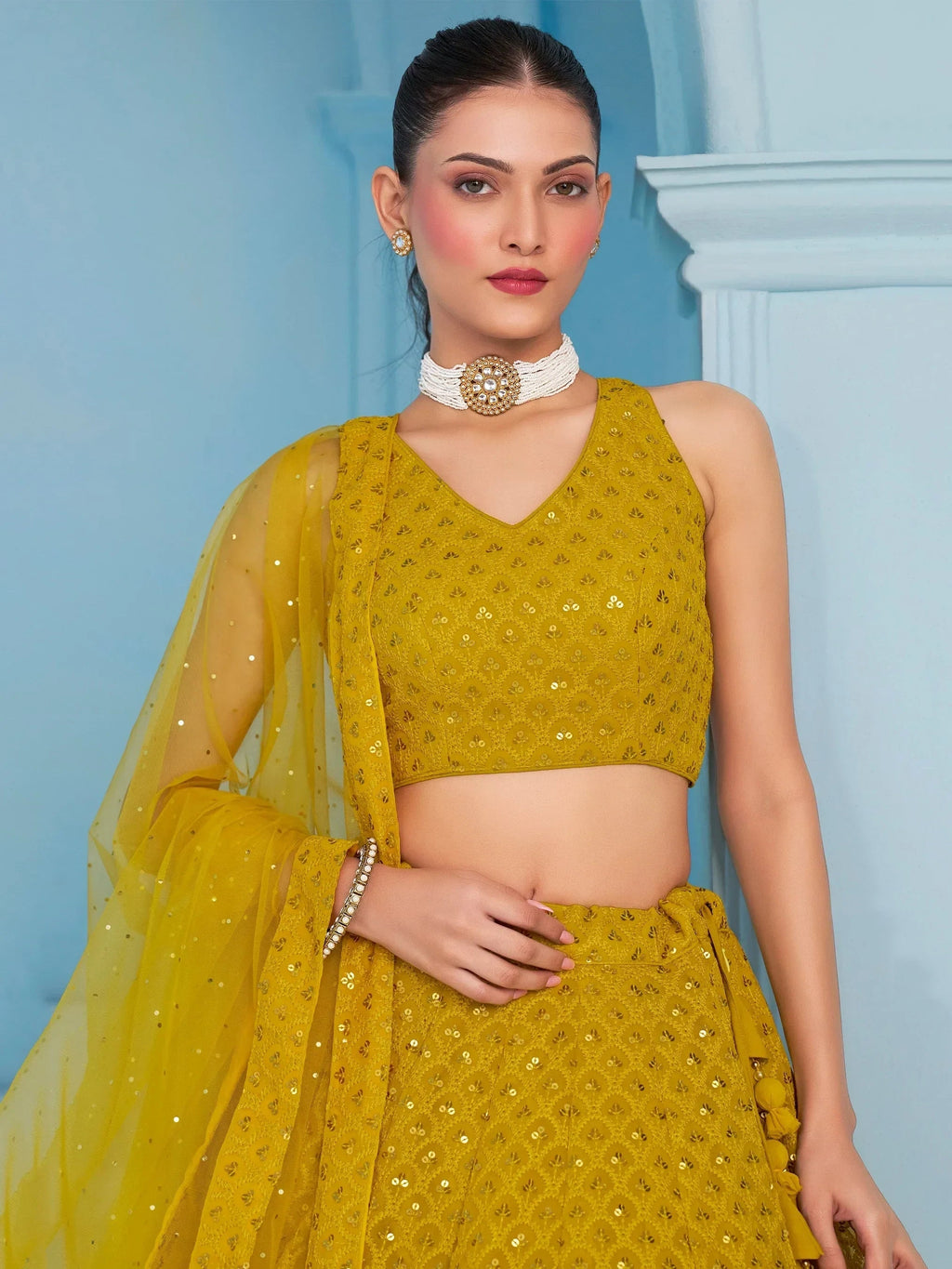 Yellow Sweet Sequins Georgette Reception Wear Lehenga Choli