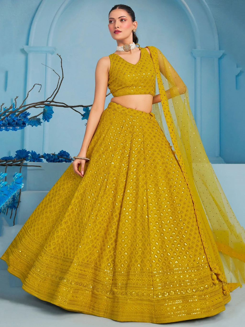 Yellow Sweet Sequins Georgette Reception Wear Lehenga Choli