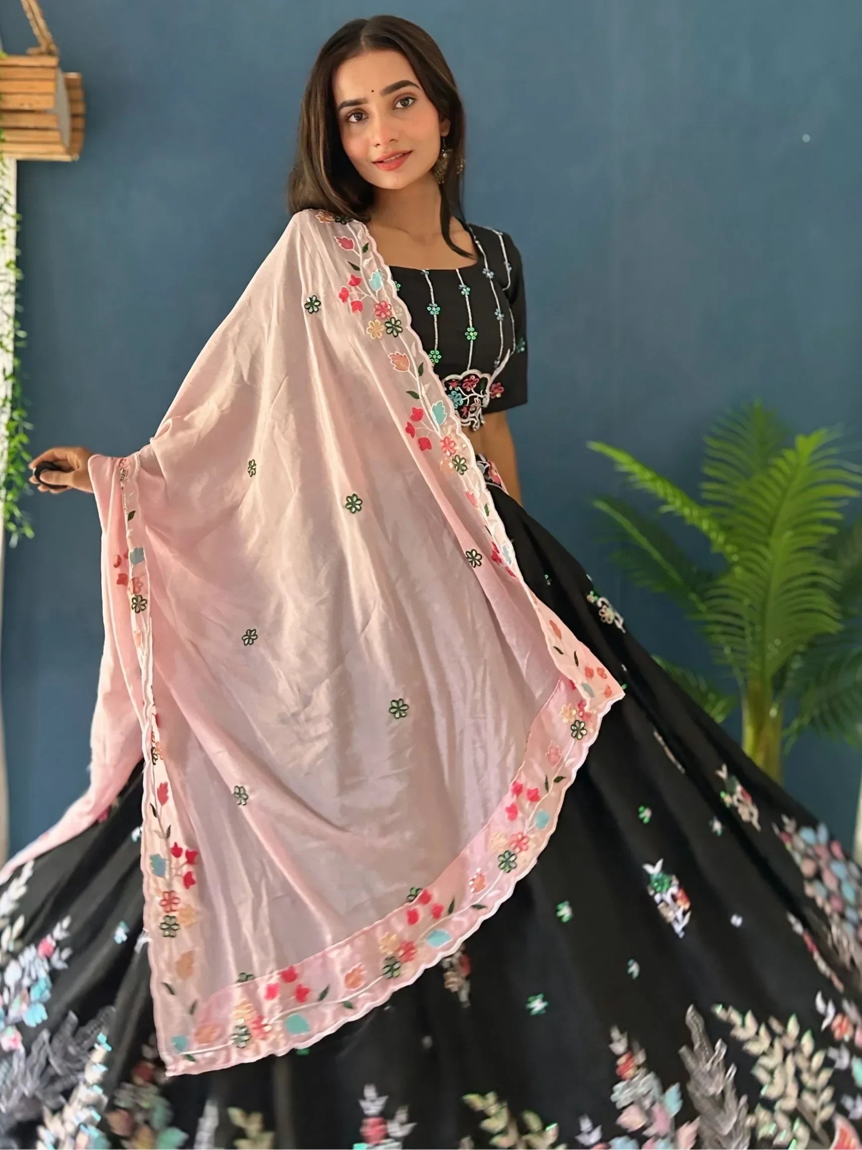 Amazing Black Thread Embroidered Chinon Party Wear Lehenga Choli