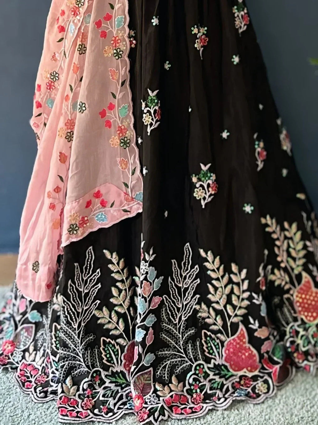 Amazing Black Thread Embroidered Chinon Party Wear Lehenga Choli