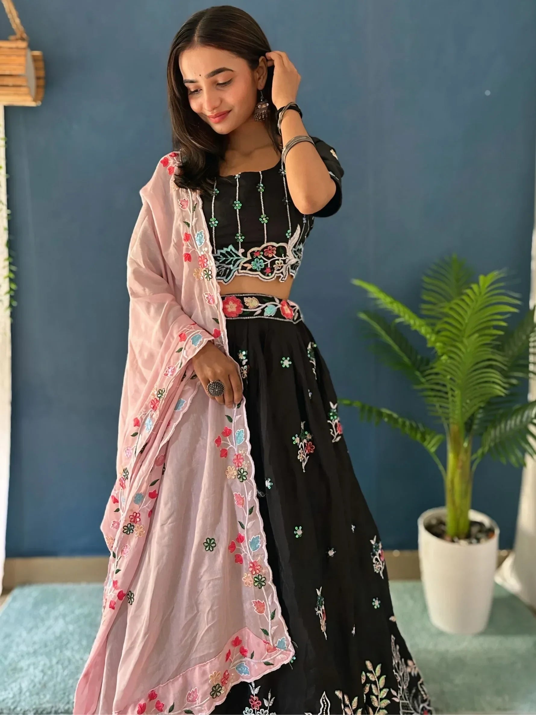 Amazing Black Thread Embroidered Chinon Party Wear Lehenga Choli