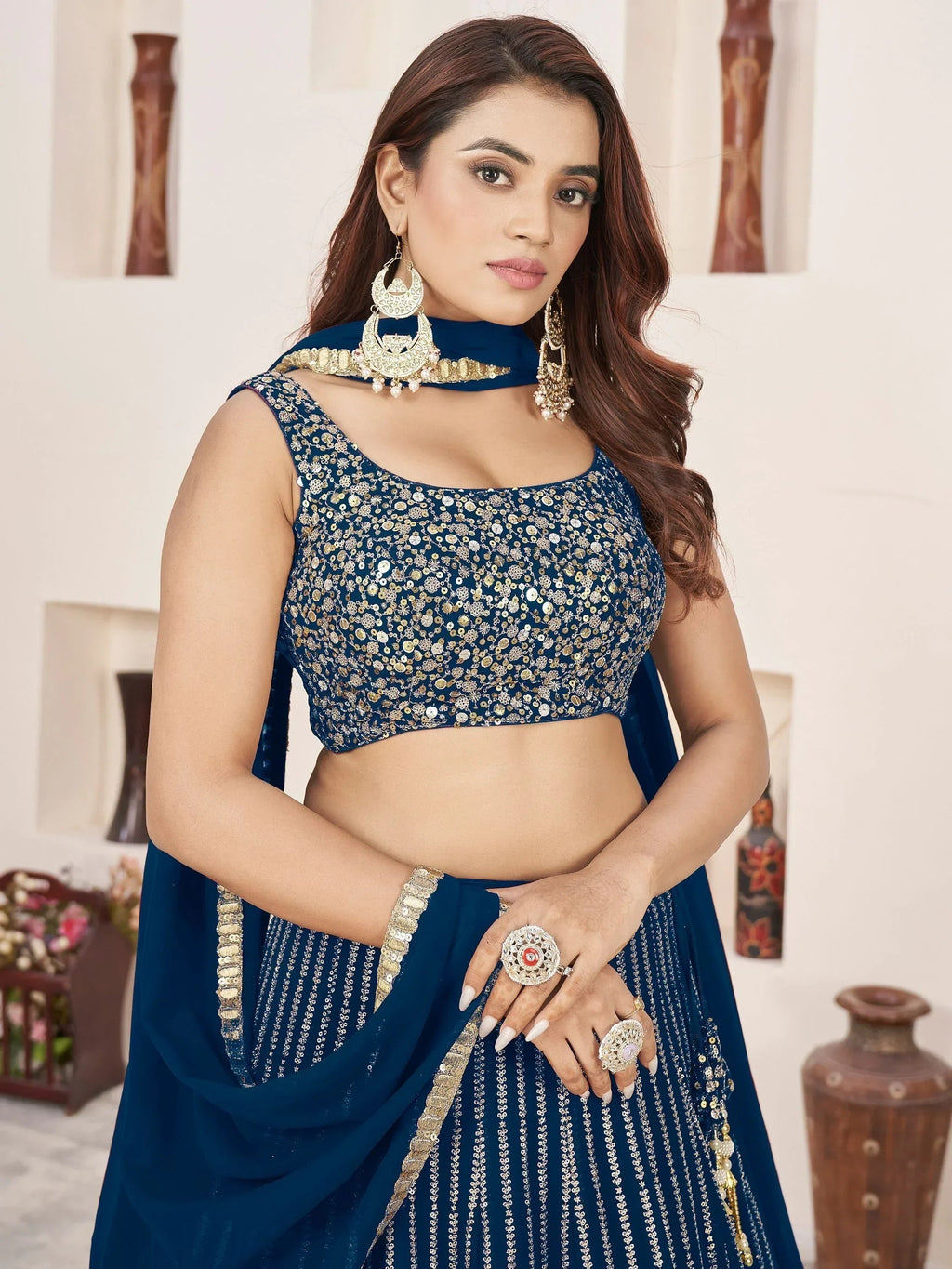 Amazing Blue Sequins Work Georgette Engagement Wear Lehenga Choli