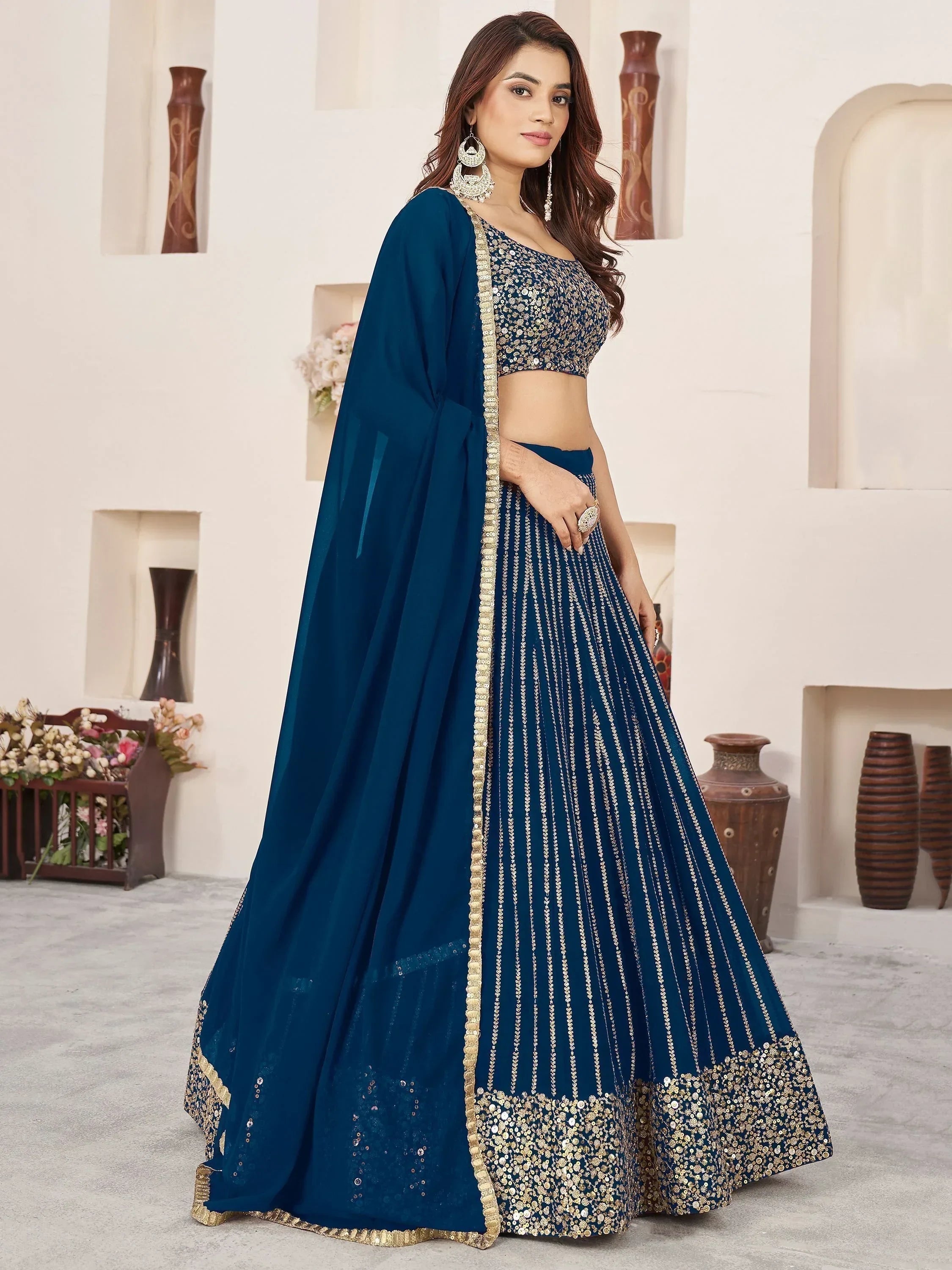 Amazing Blue Sequins Work Georgette Engagement Wear Lehenga Choli
