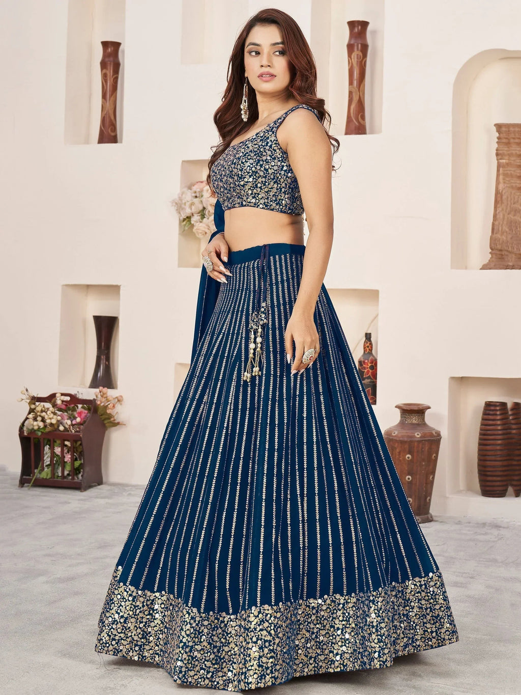 Amazing Blue Sequins Work Georgette Engagement Wear Lehenga Choli