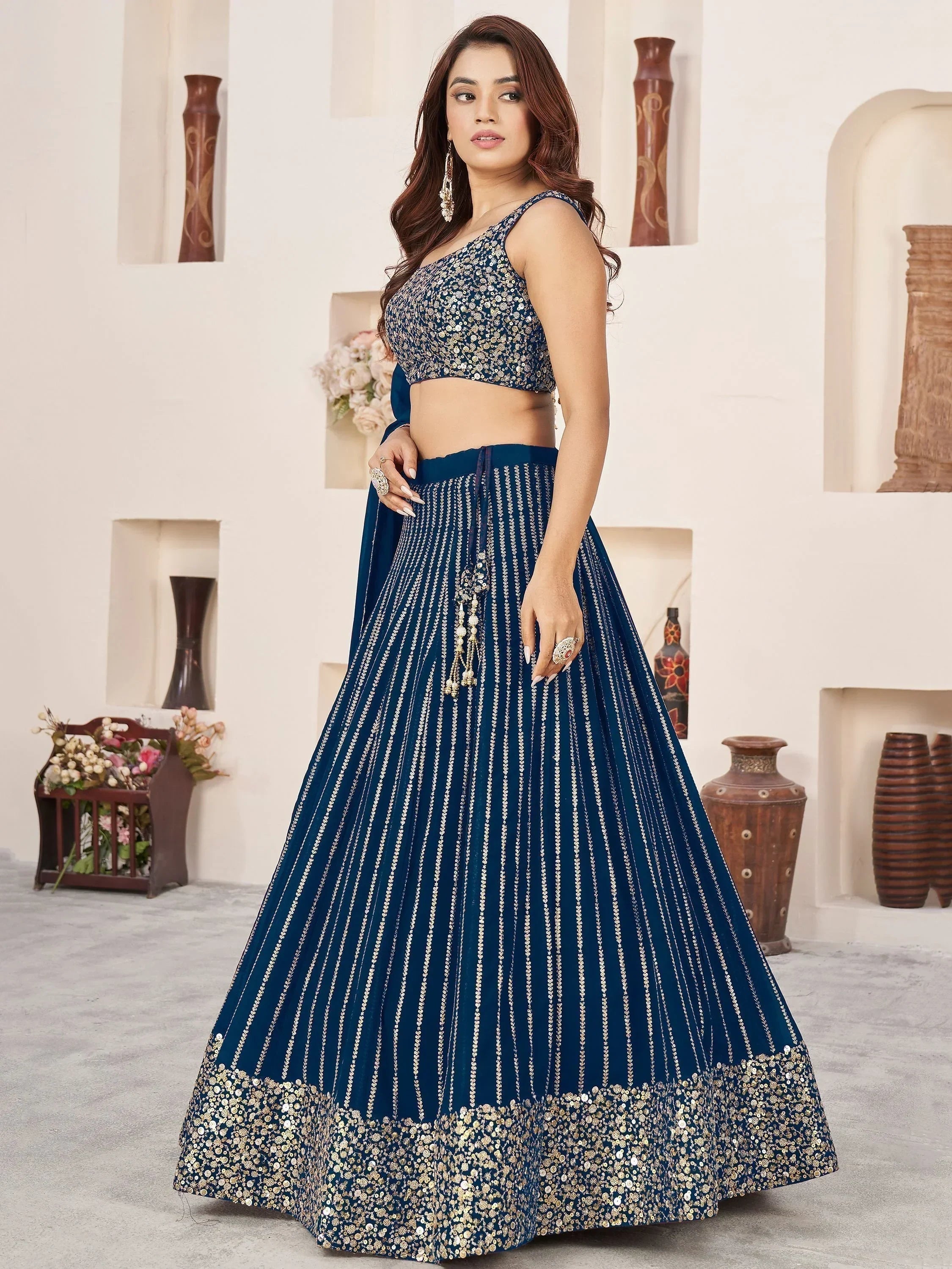 Amazing Blue Sequins Work Georgette Engagement Wear Lehenga Choli