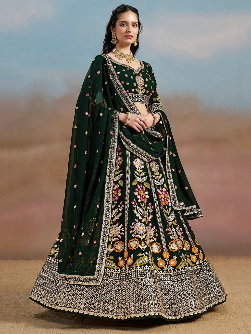 Green Fantastic Zari Work Georgette Wedding Wear Lehenga Choli