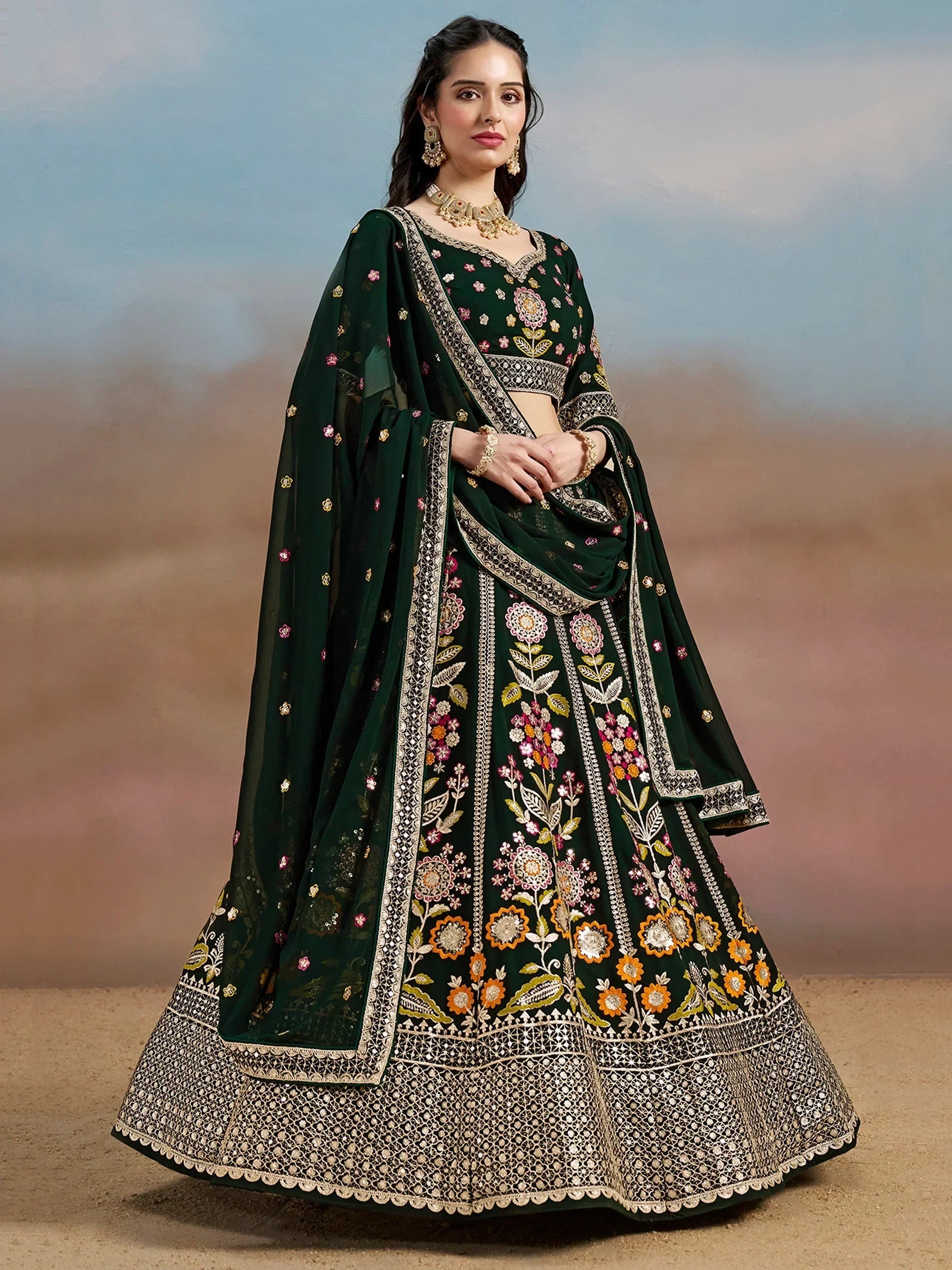 Green Fantastic Zari Work Georgette Wedding Wear Lehenga Choli