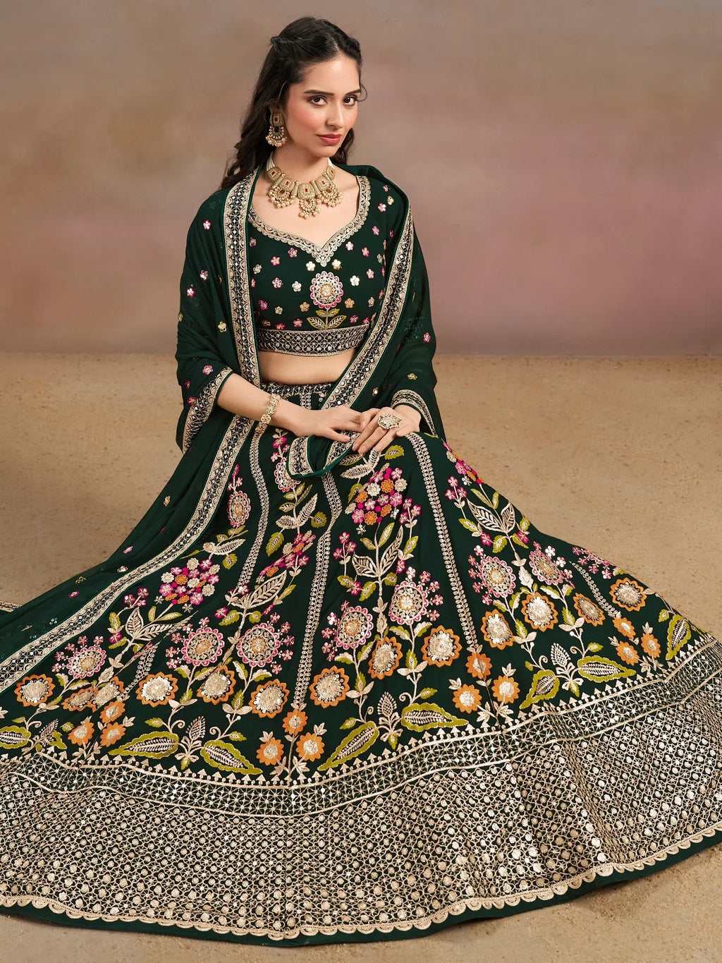Green Fantastic Zari Work Georgette Wedding Wear Lehenga Choli