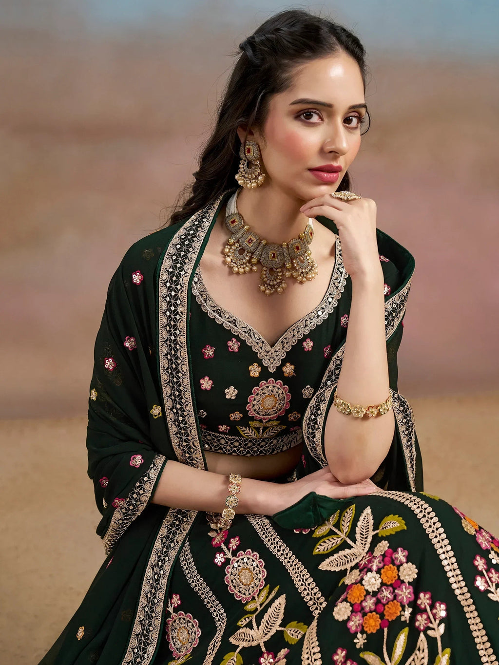 Green Fantastic Zari Work Georgette Wedding Wear Lehenga Choli