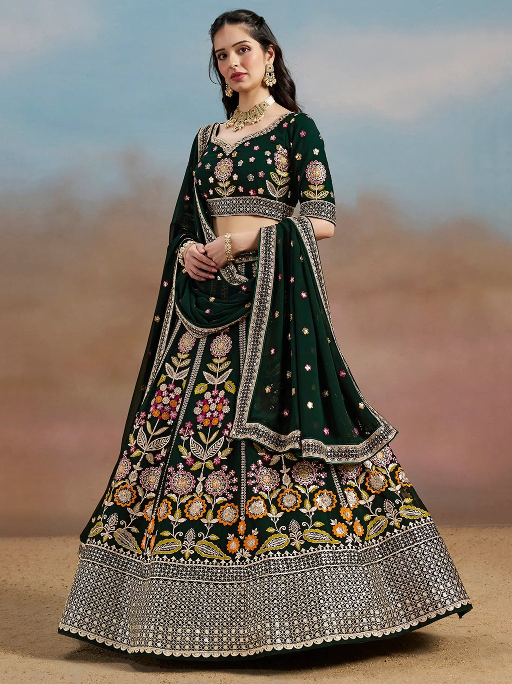 Green Fantastic Zari Work Georgette Wedding Wear Lehenga Choli