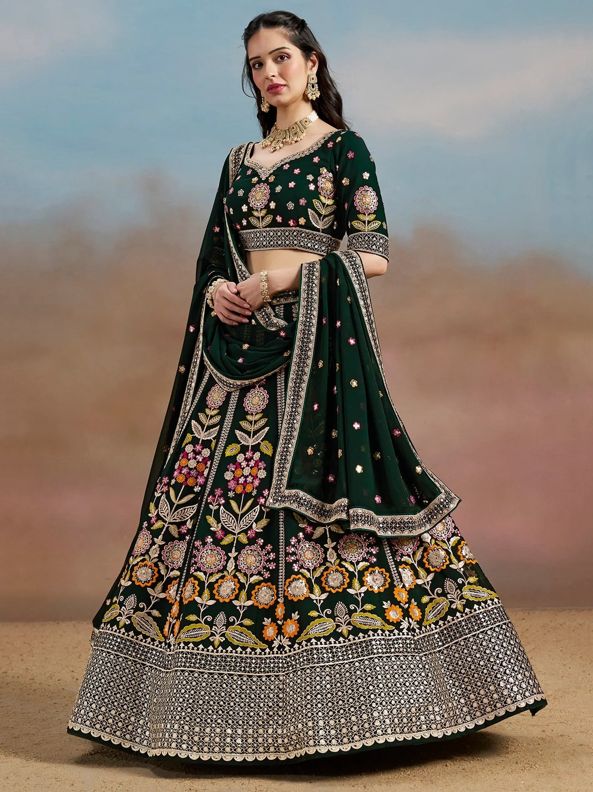 Green Fantastic Zari Work Georgette Wedding Wear Lehenga Choli