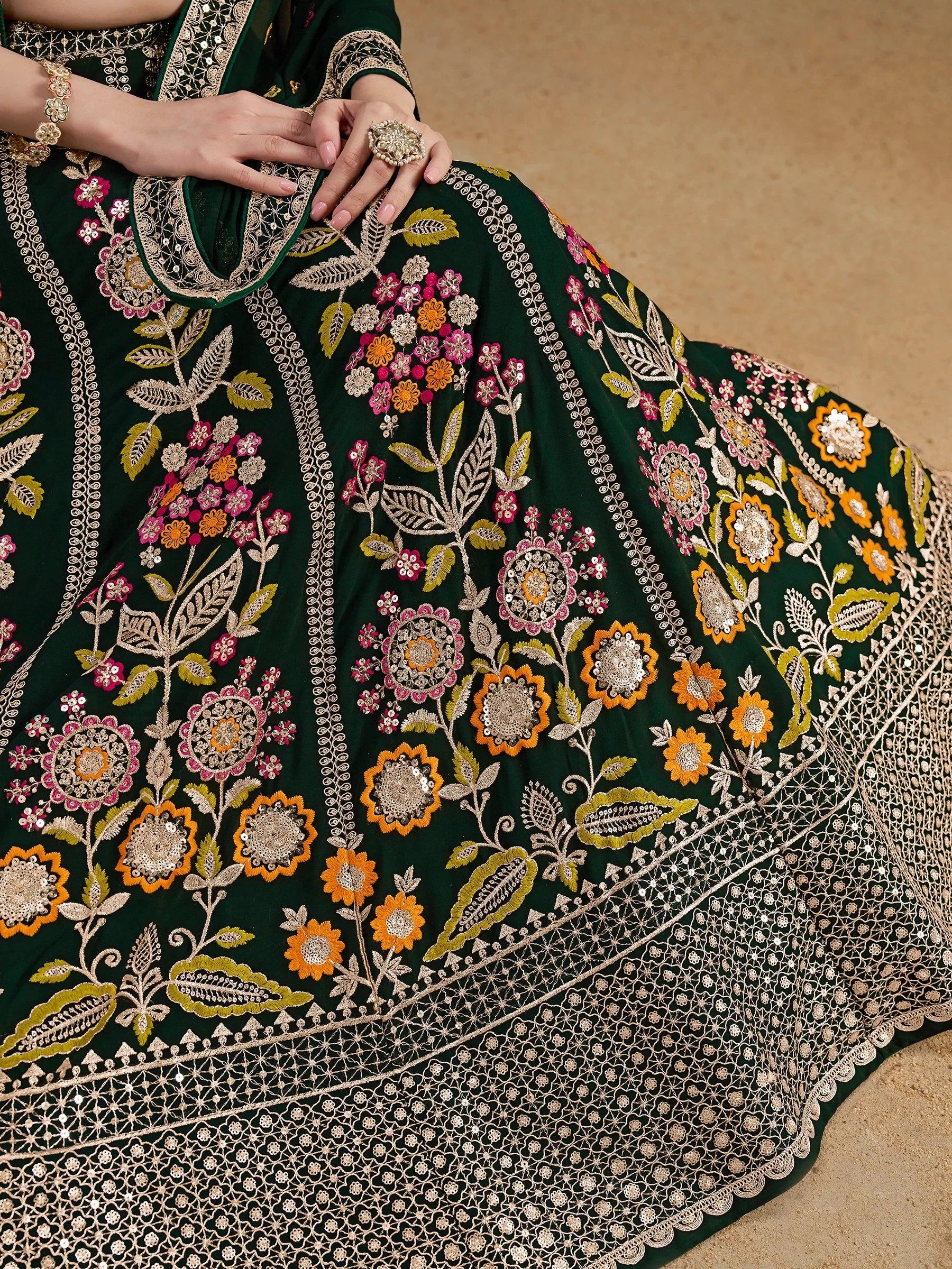 Green Fantastic Zari Work Georgette Wedding Wear Lehenga Choli