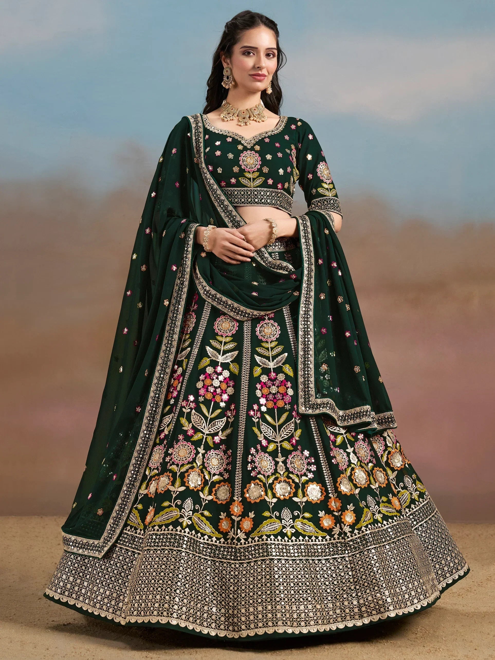 Green Fantastic Zari Work Georgette Wedding Wear Lehenga Choli