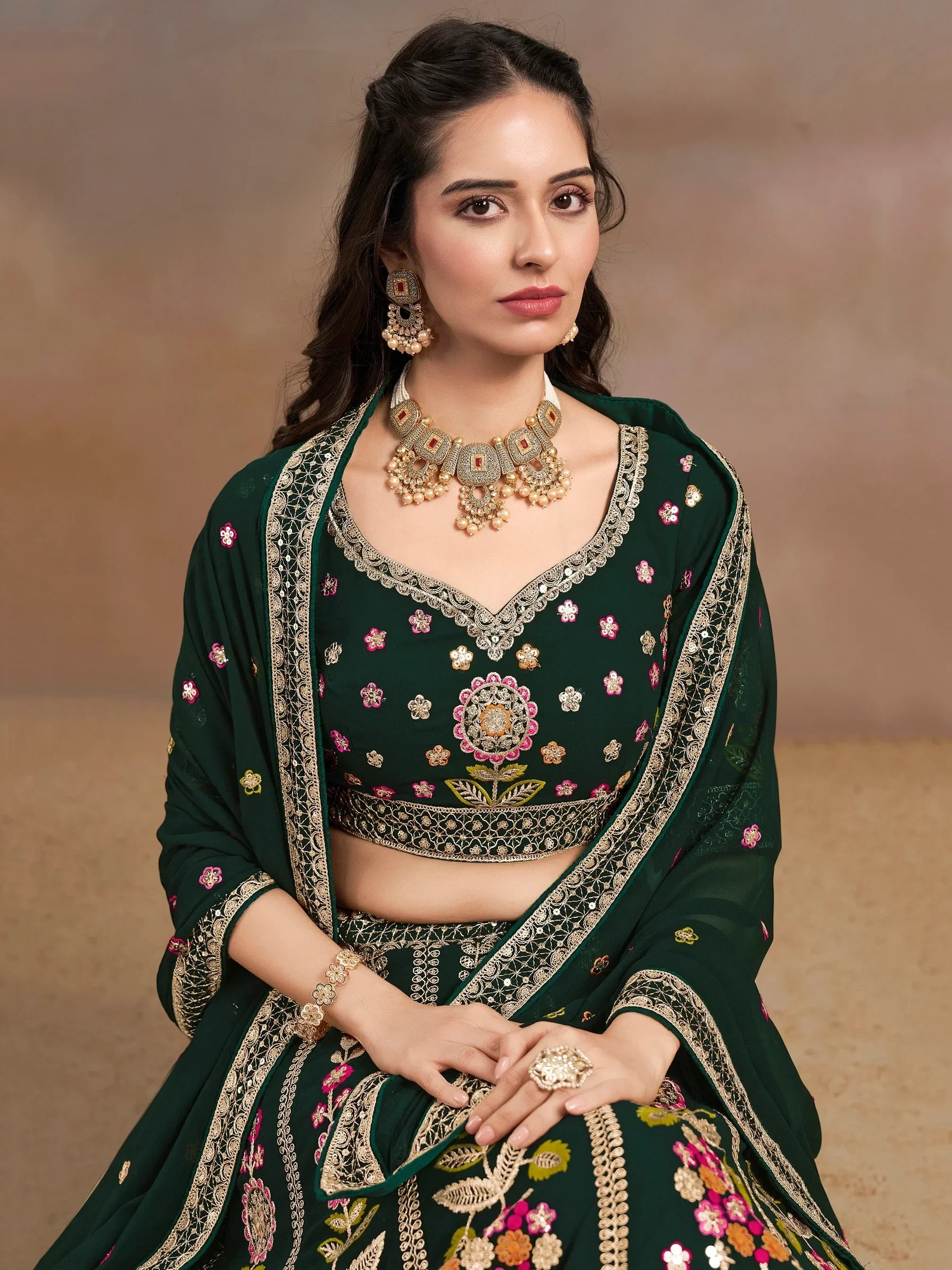 Green Fantastic Zari Work Georgette Wedding Wear Lehenga Choli