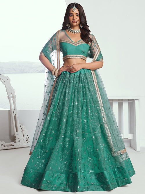 Amazing Rama Color Embroidered Net Engagement Wear Lehenga Choli