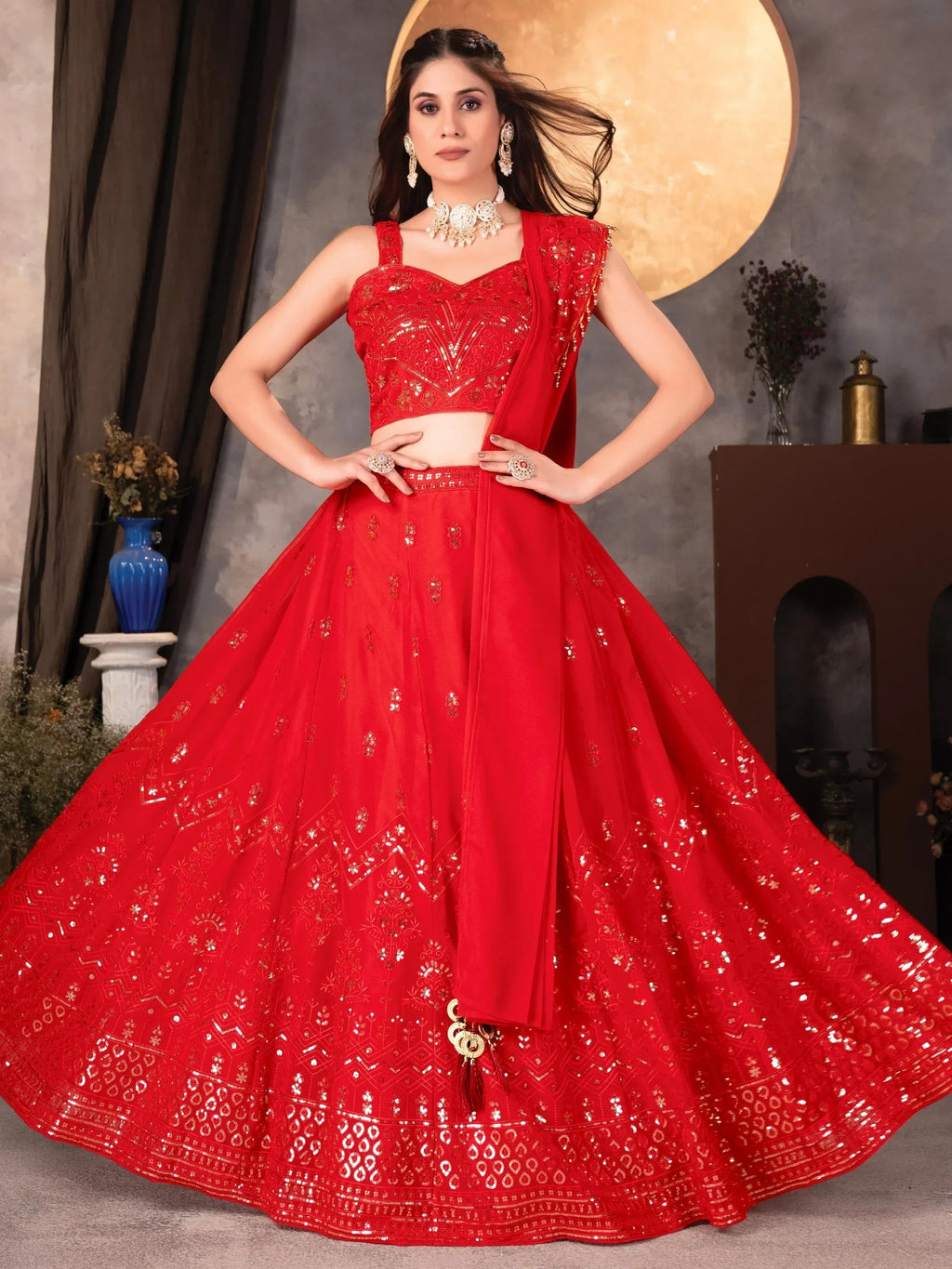 Amazing Red Thread Work Georgette Designer Lehenga Choli