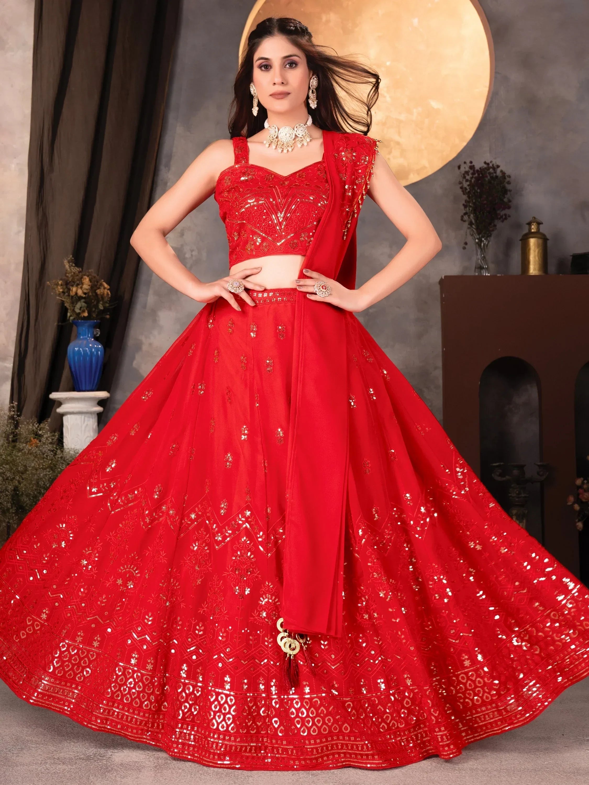Amazing Red Thread Work Georgette Designer Lehenga Choli