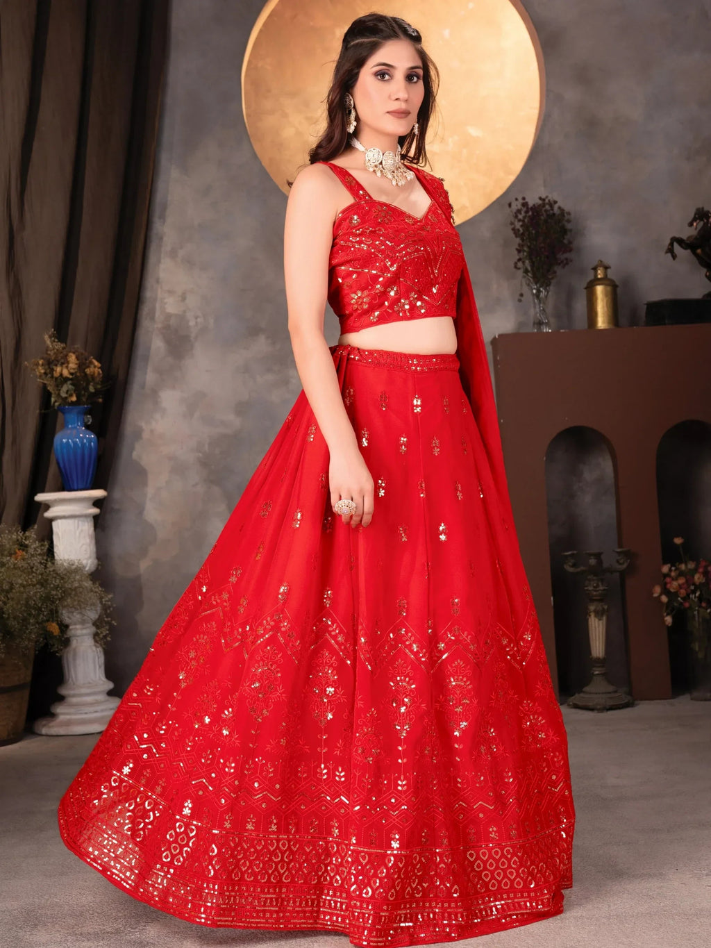 Amazing Red Thread Work Georgette Designer Lehenga Choli
