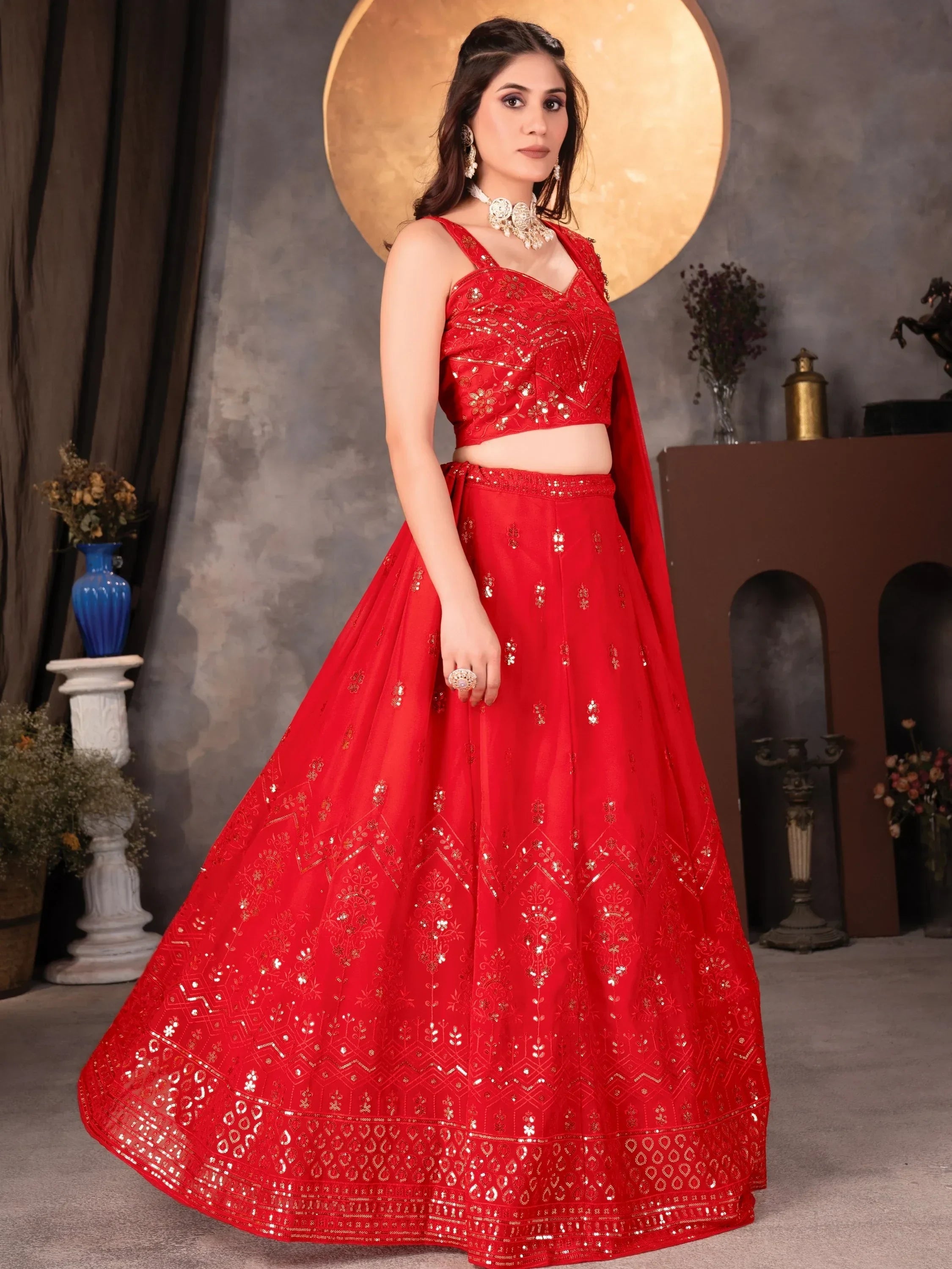 Amazing Red Thread Work Georgette Designer Lehenga Choli