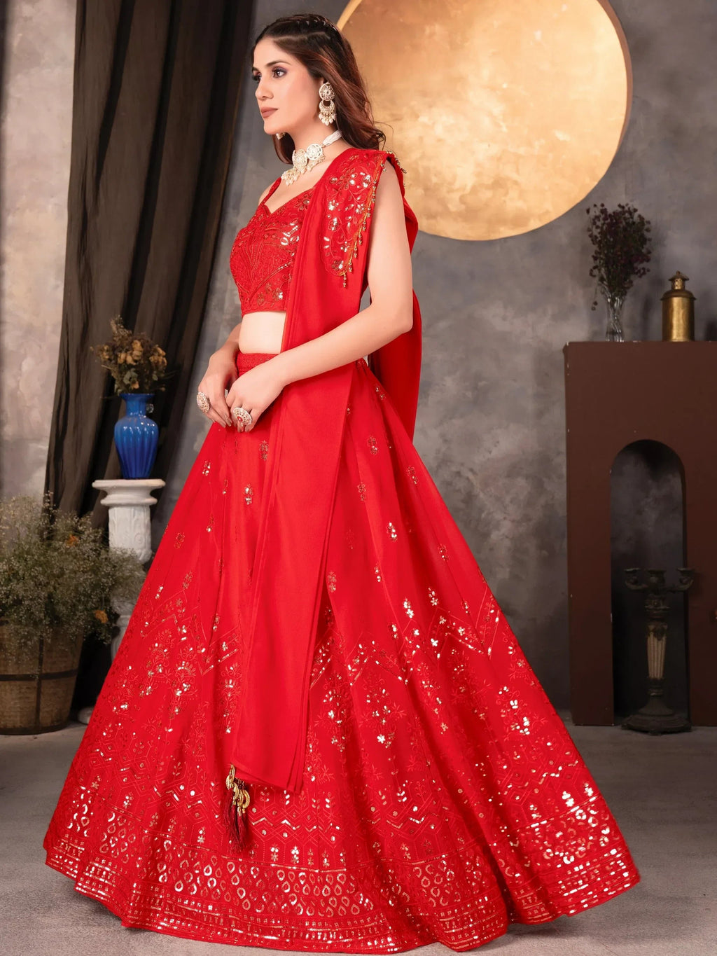 Amazing Red Thread Work Georgette Designer Lehenga Choli