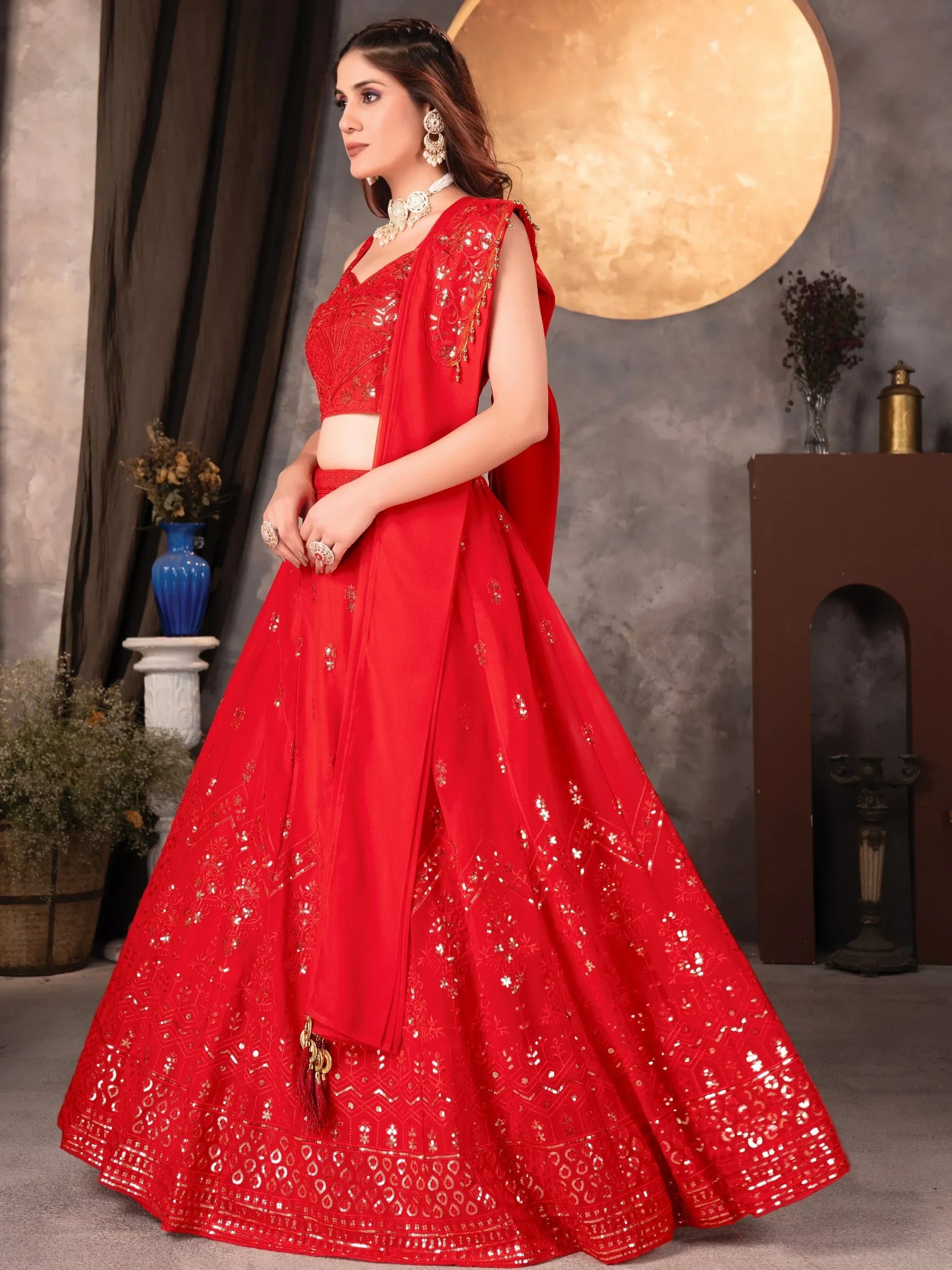 Amazing Red Thread Work Georgette Designer Lehenga Choli