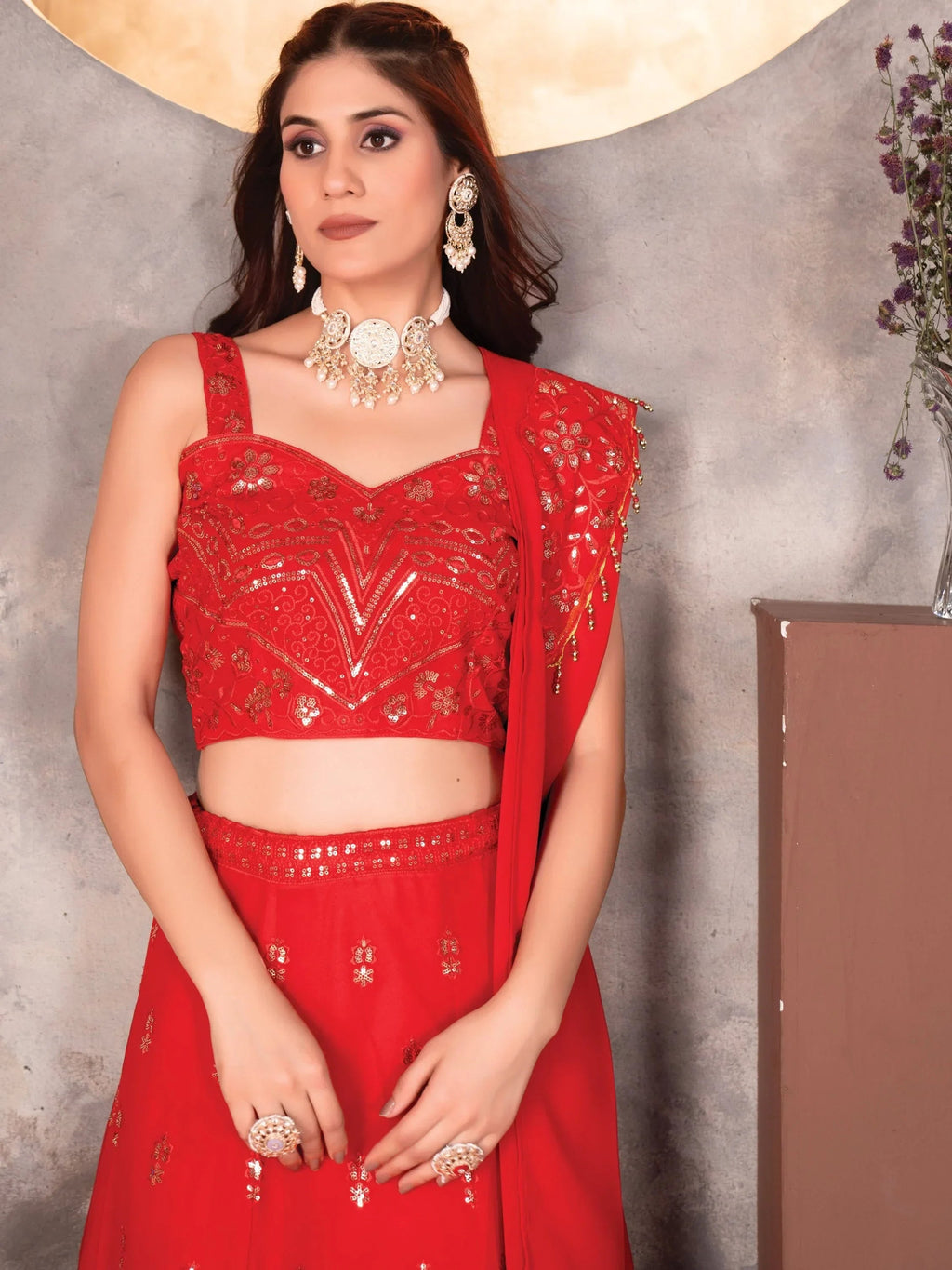 Amazing Red Thread Work Georgette Designer Lehenga Choli