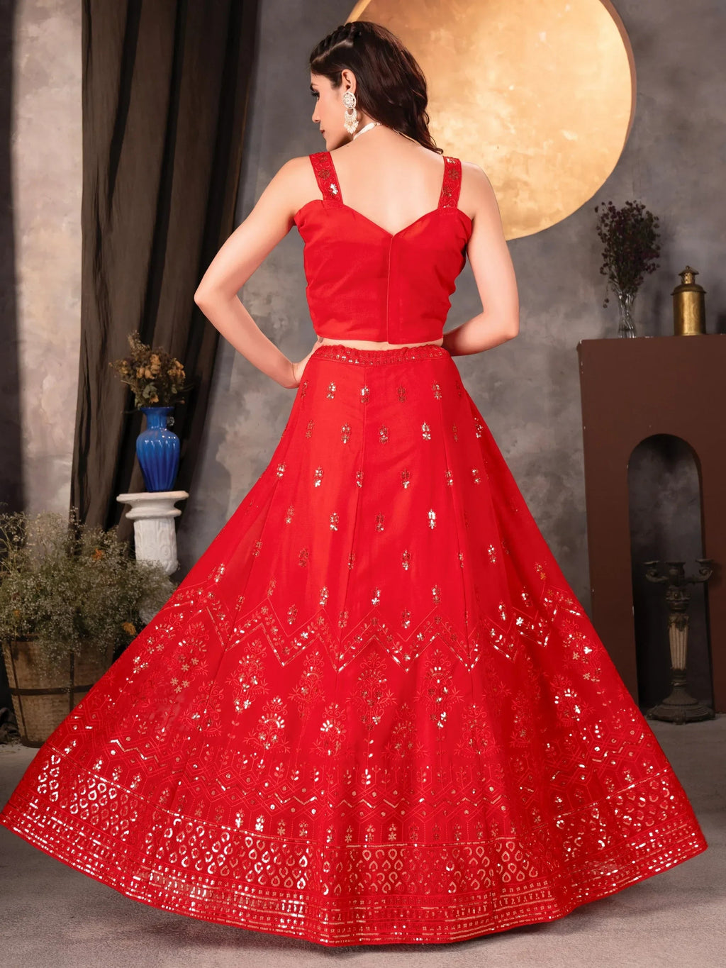 Amazing Red Thread Work Georgette Designer Lehenga Choli