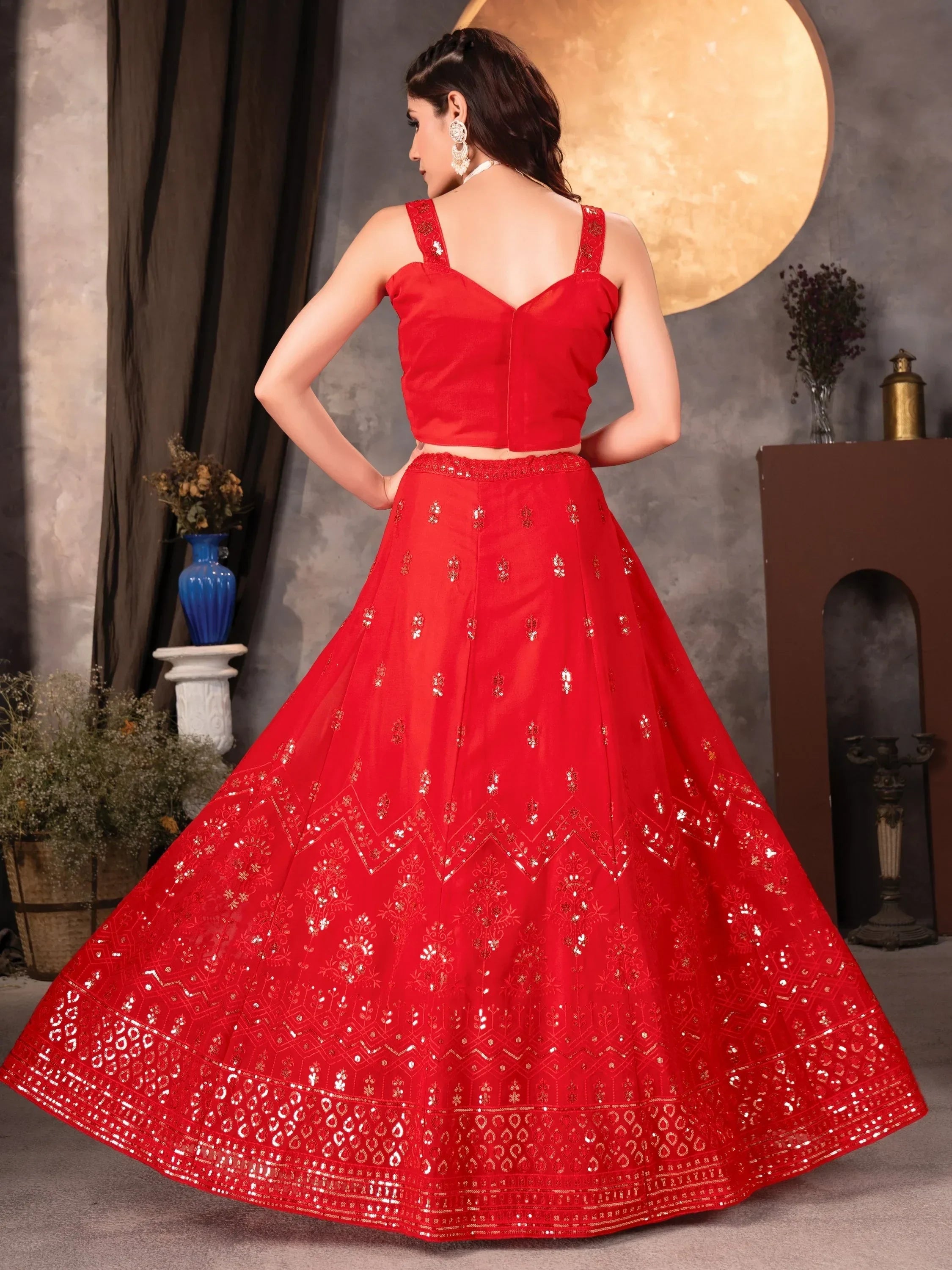 Amazing Red Thread Work Georgette Designer Lehenga Choli